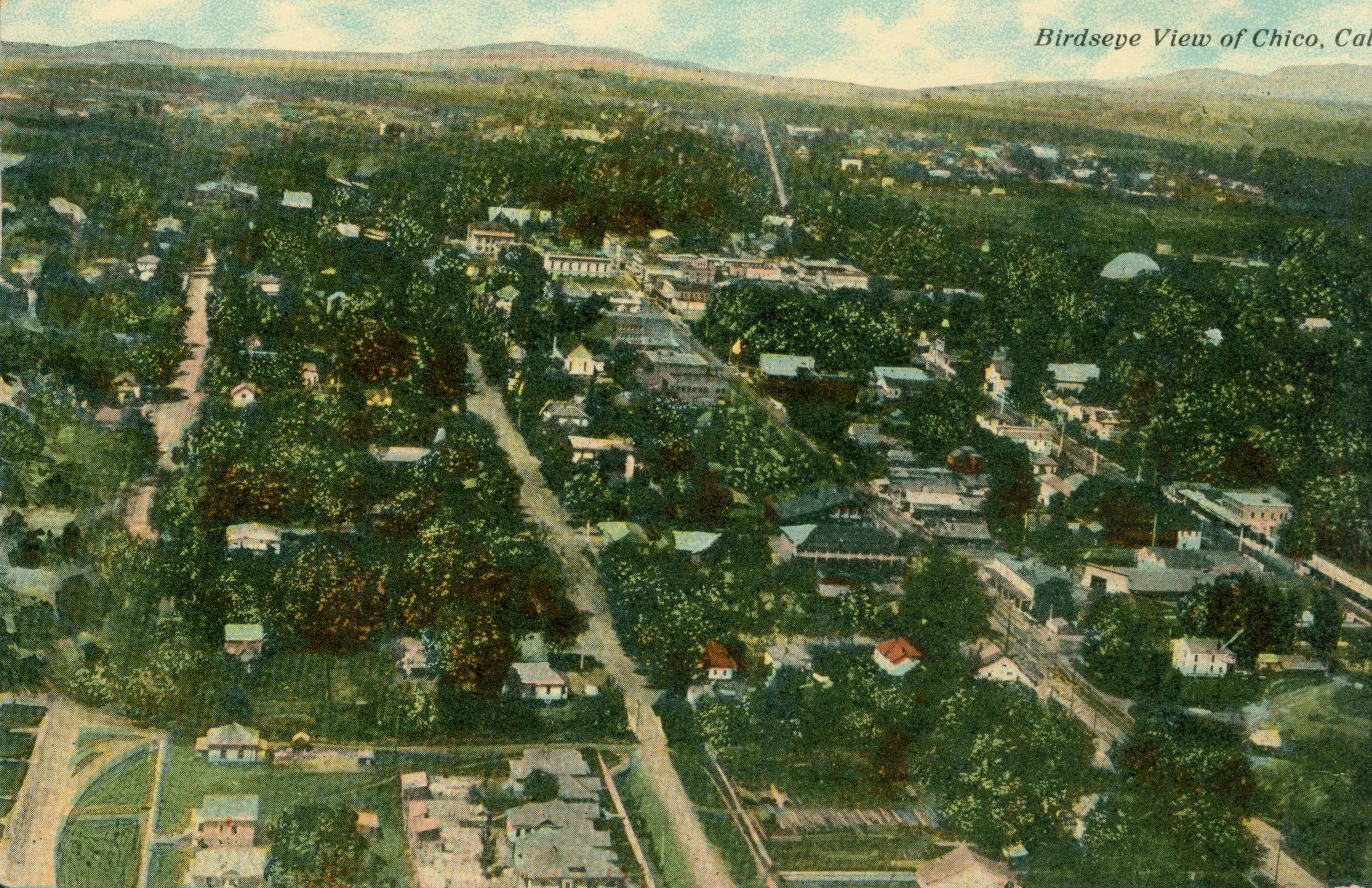 Shows a bird's eye view of Chico