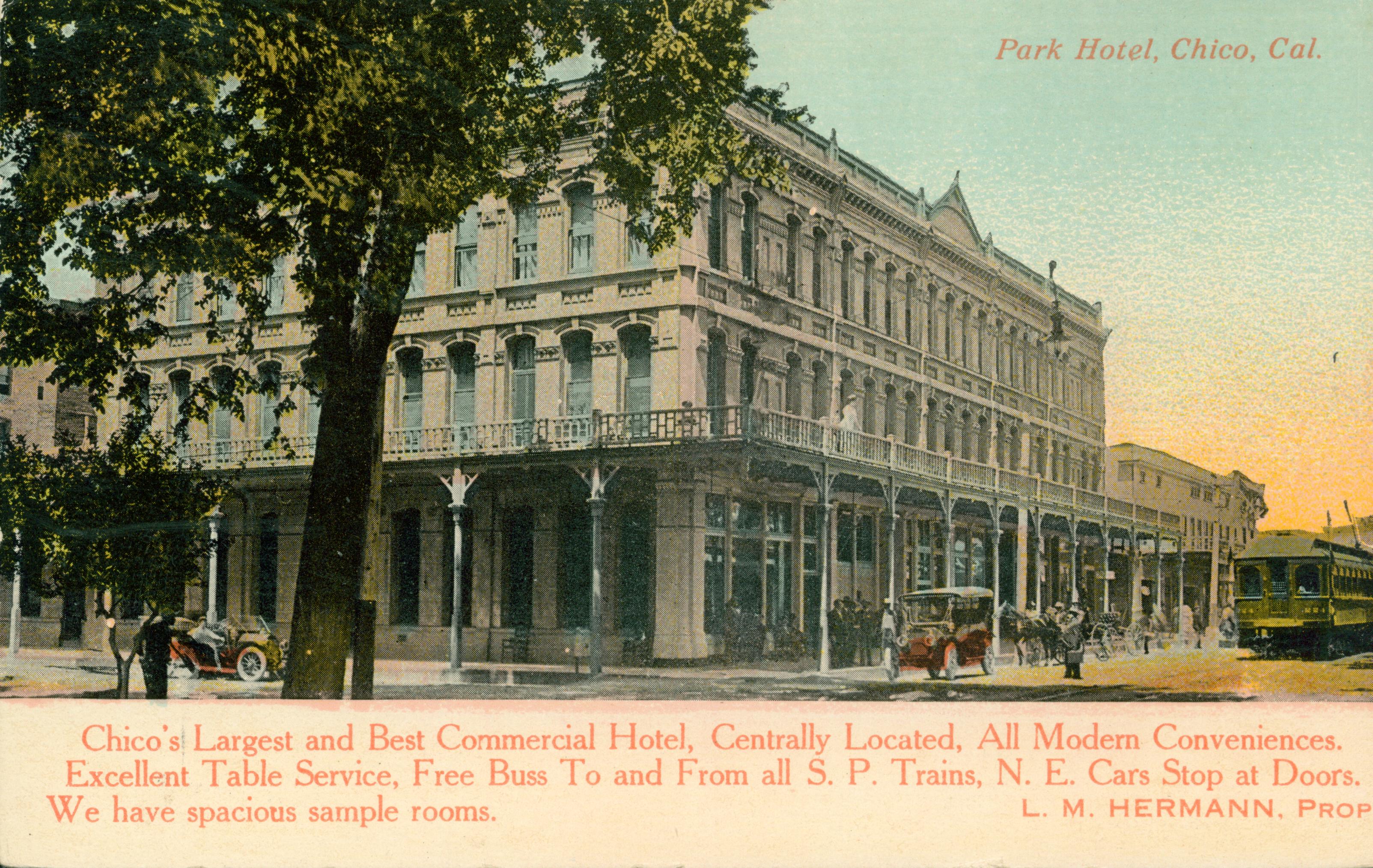 Shows a corner view of the Park Hotel