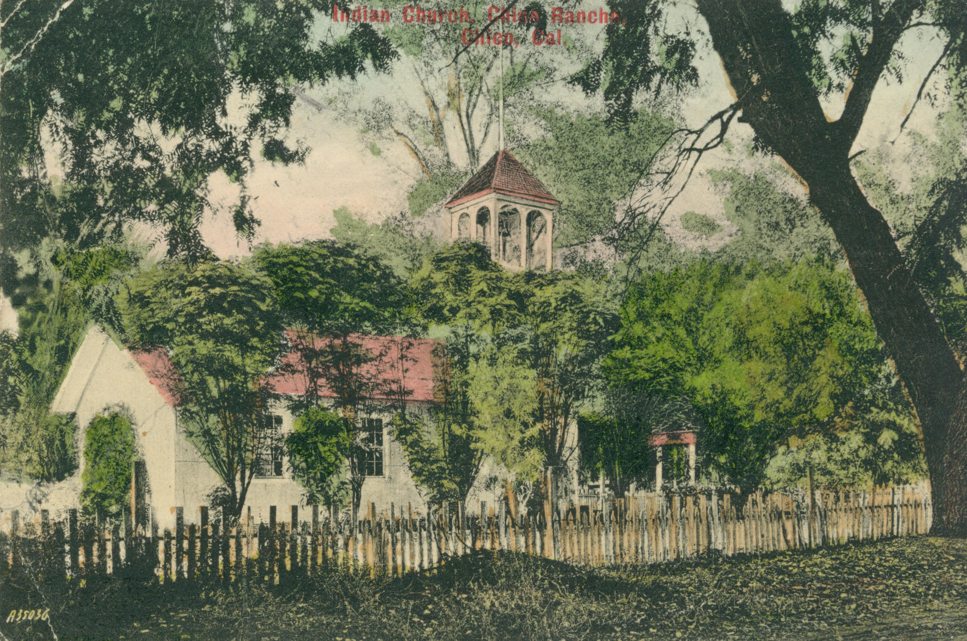 Shows a church surrounded by a picket fence and shaded by trees
