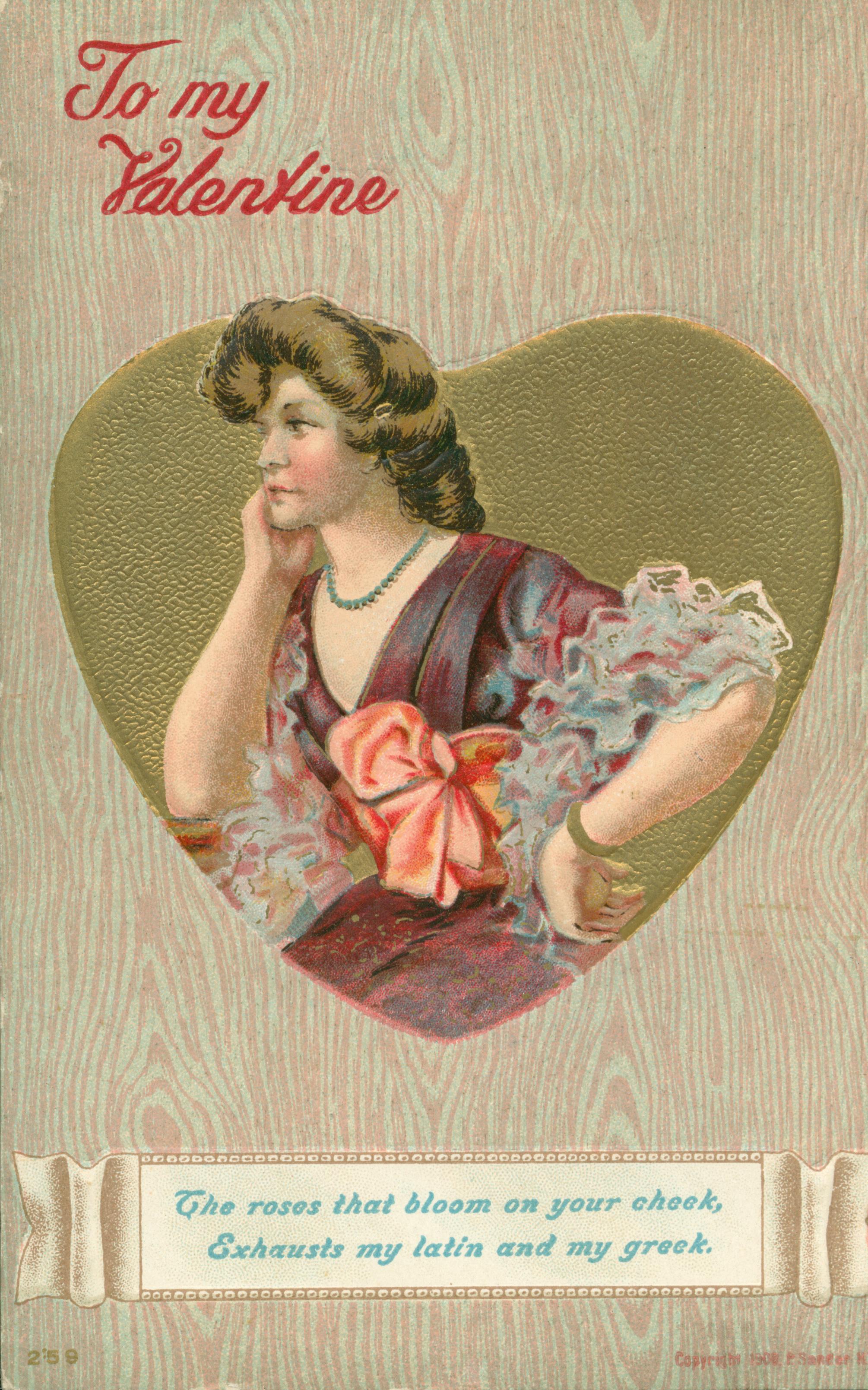 Shows a woman in thought with a heart-shaped vignette, and a poem