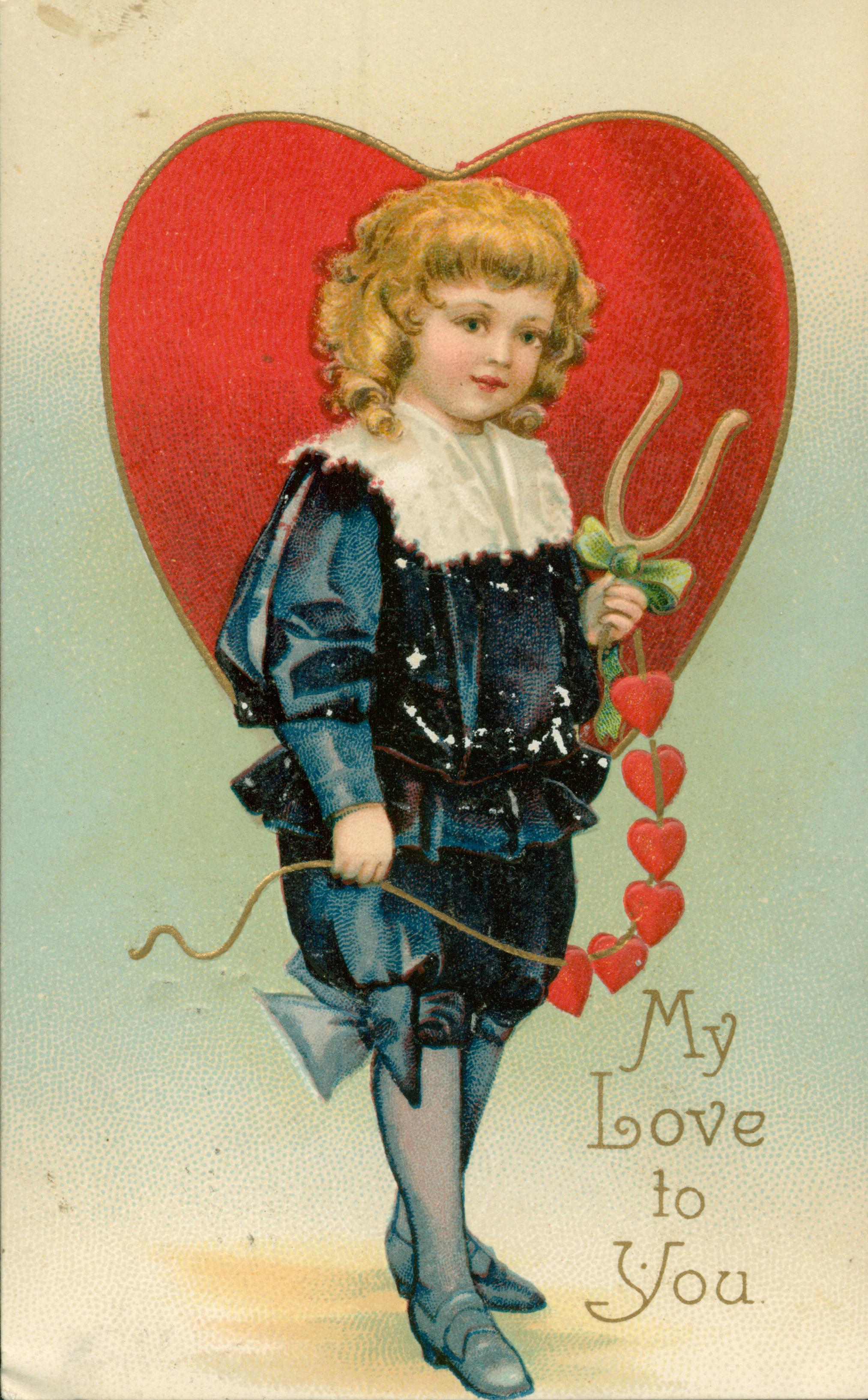 Shows a child in front of a heart holding a garland of hearts