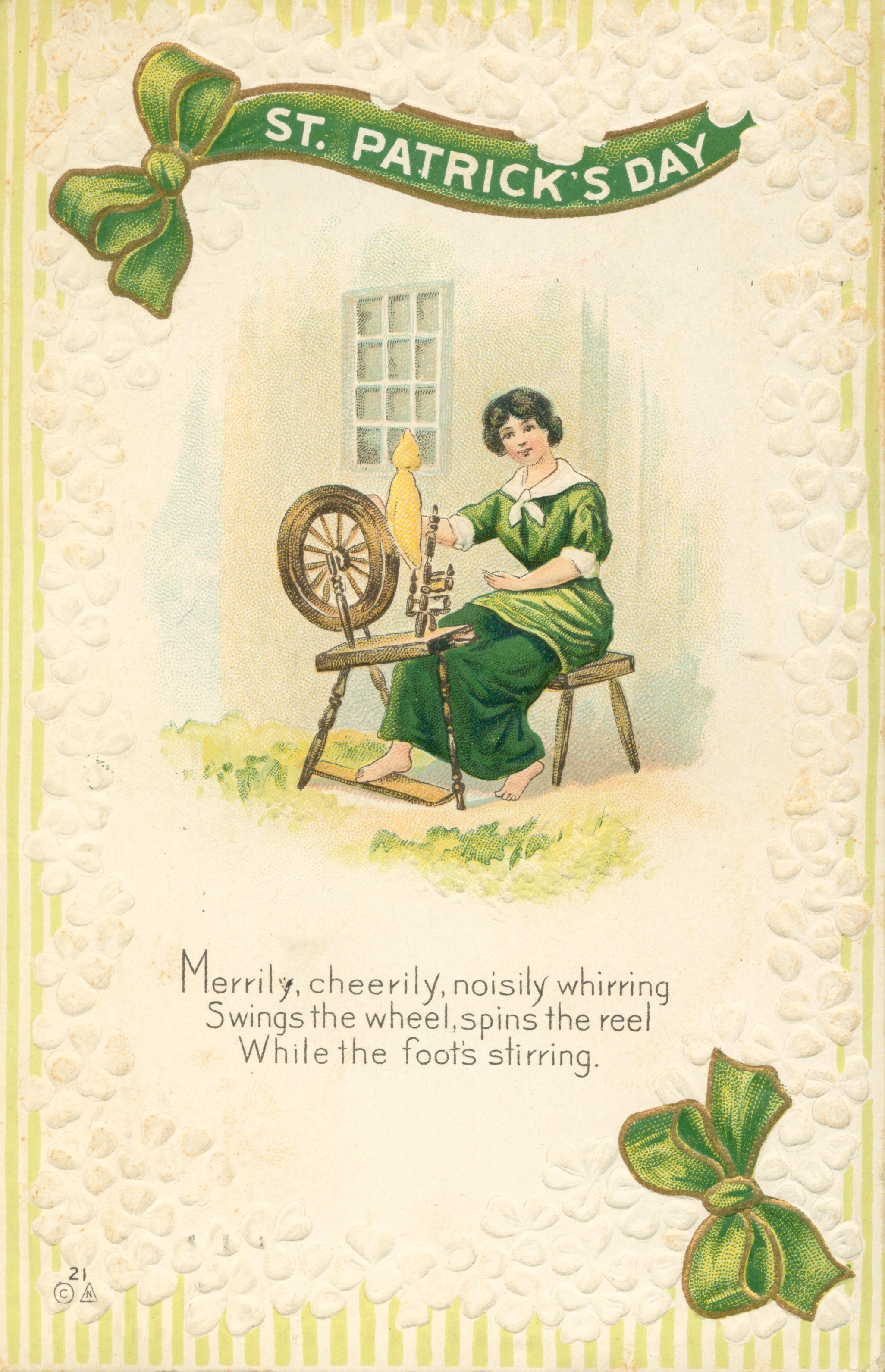 Shows a woman at a spinnining wheel above a poem