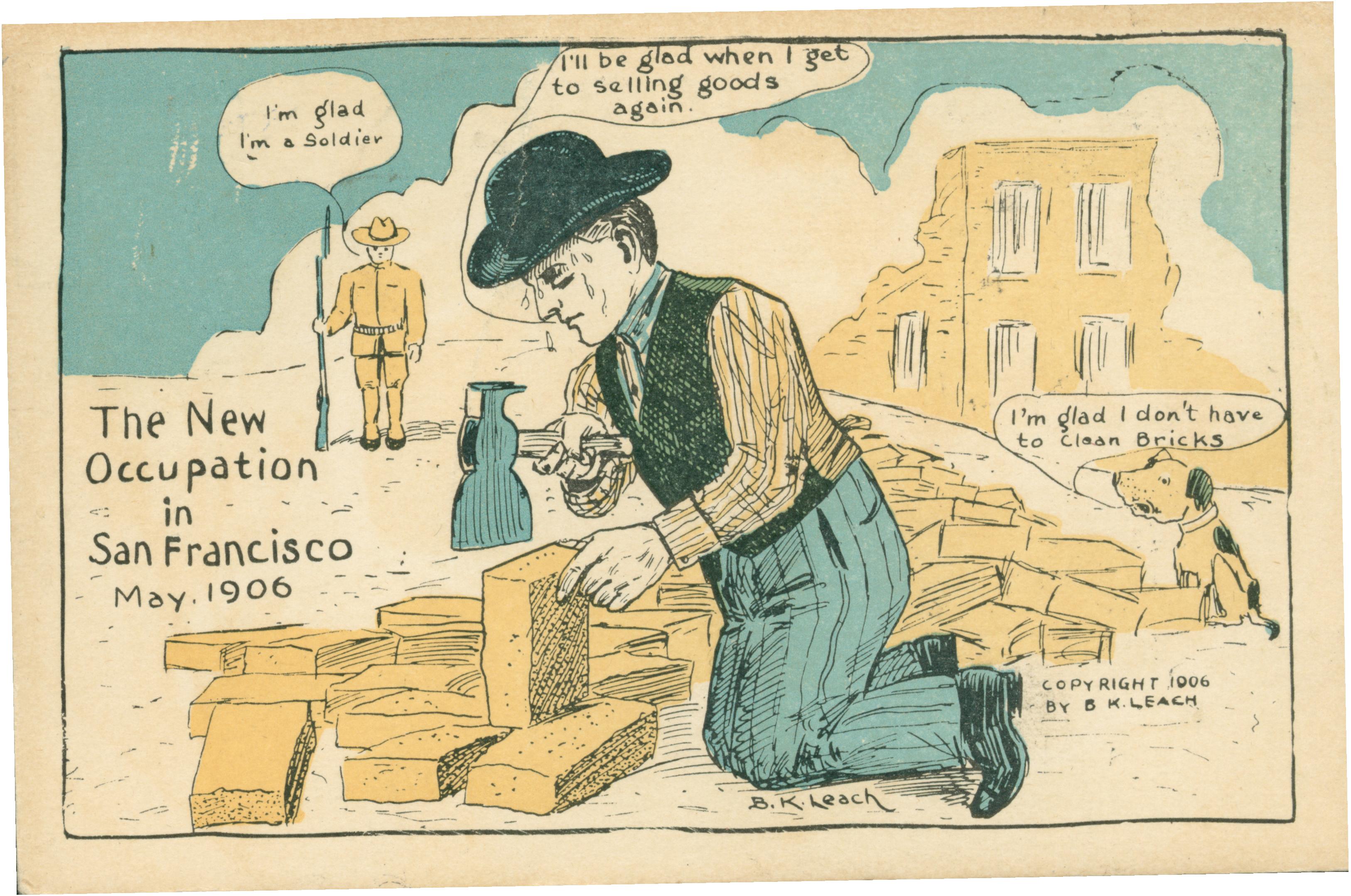 Cartoon of a soldier, a brick cleaner and a dog.