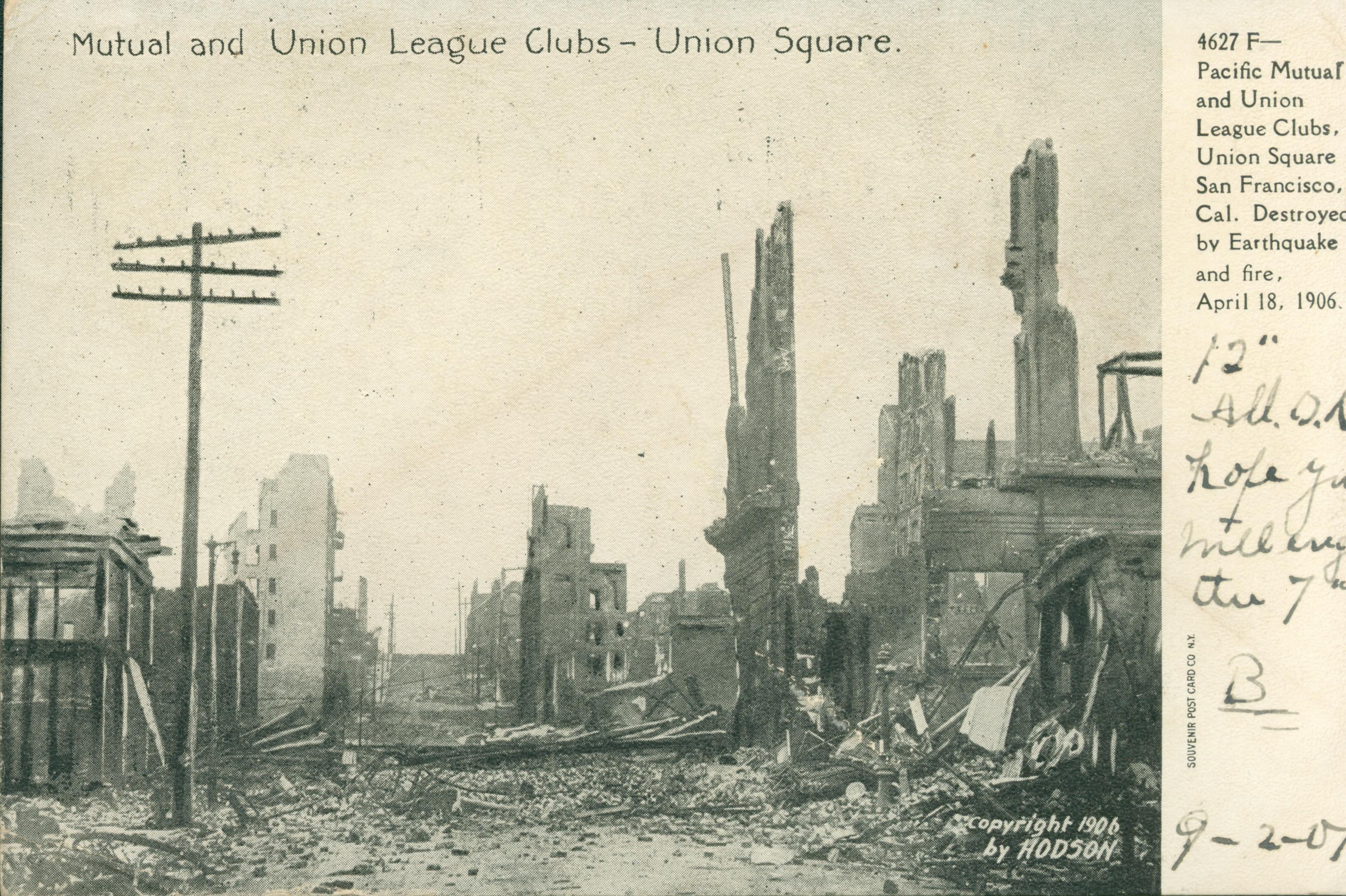 Shows the destruction around Union Square in San Francisco.