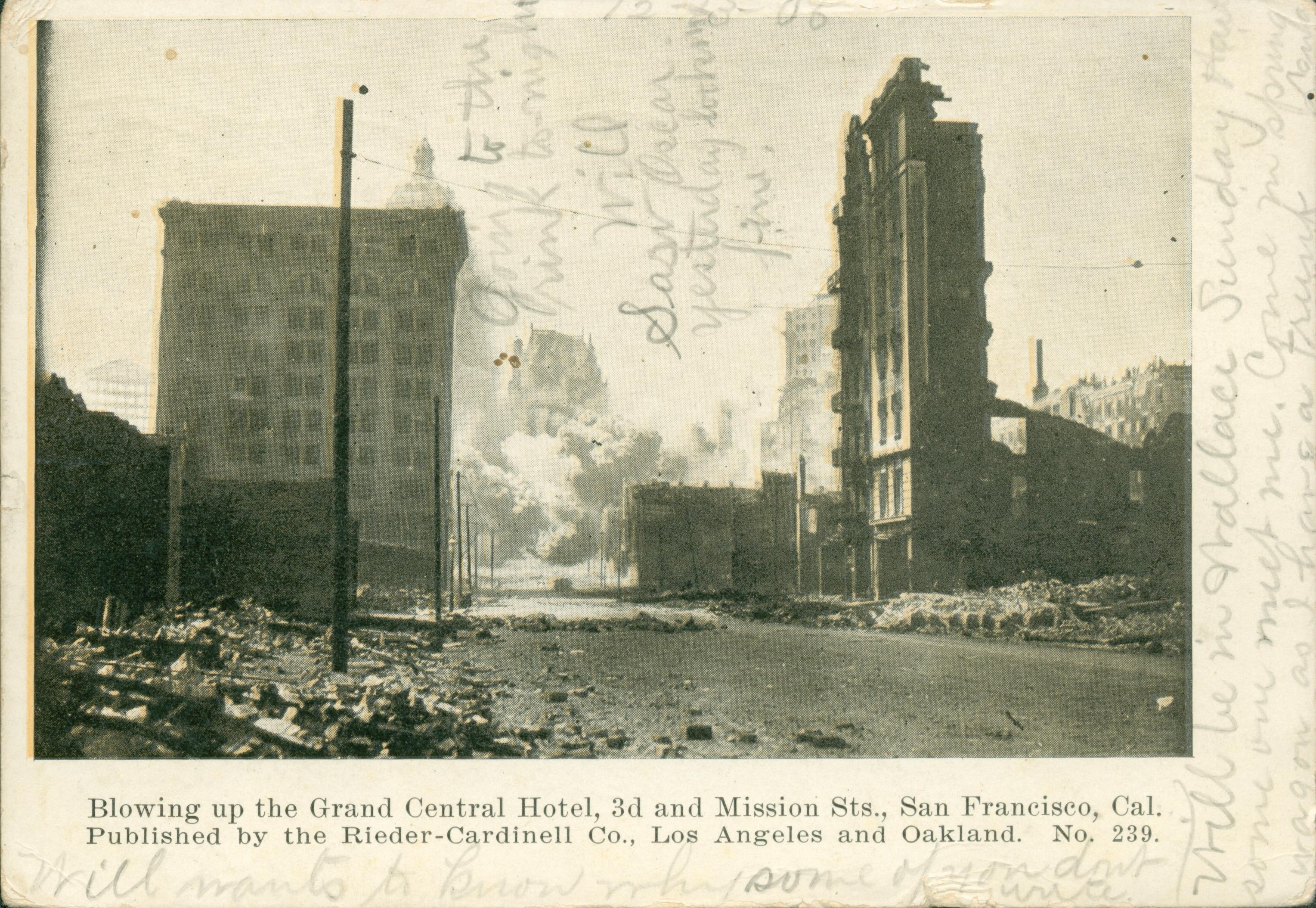 Shows the collapse of the Grand Central Hotel in San Francisco.
