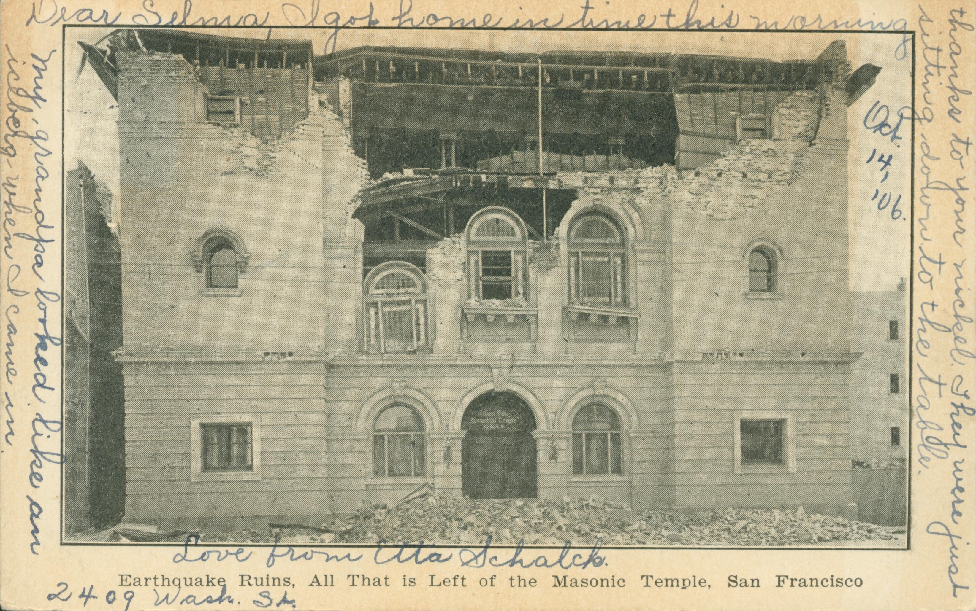 Shows the damage to the Masonic Temple in San Francisco.