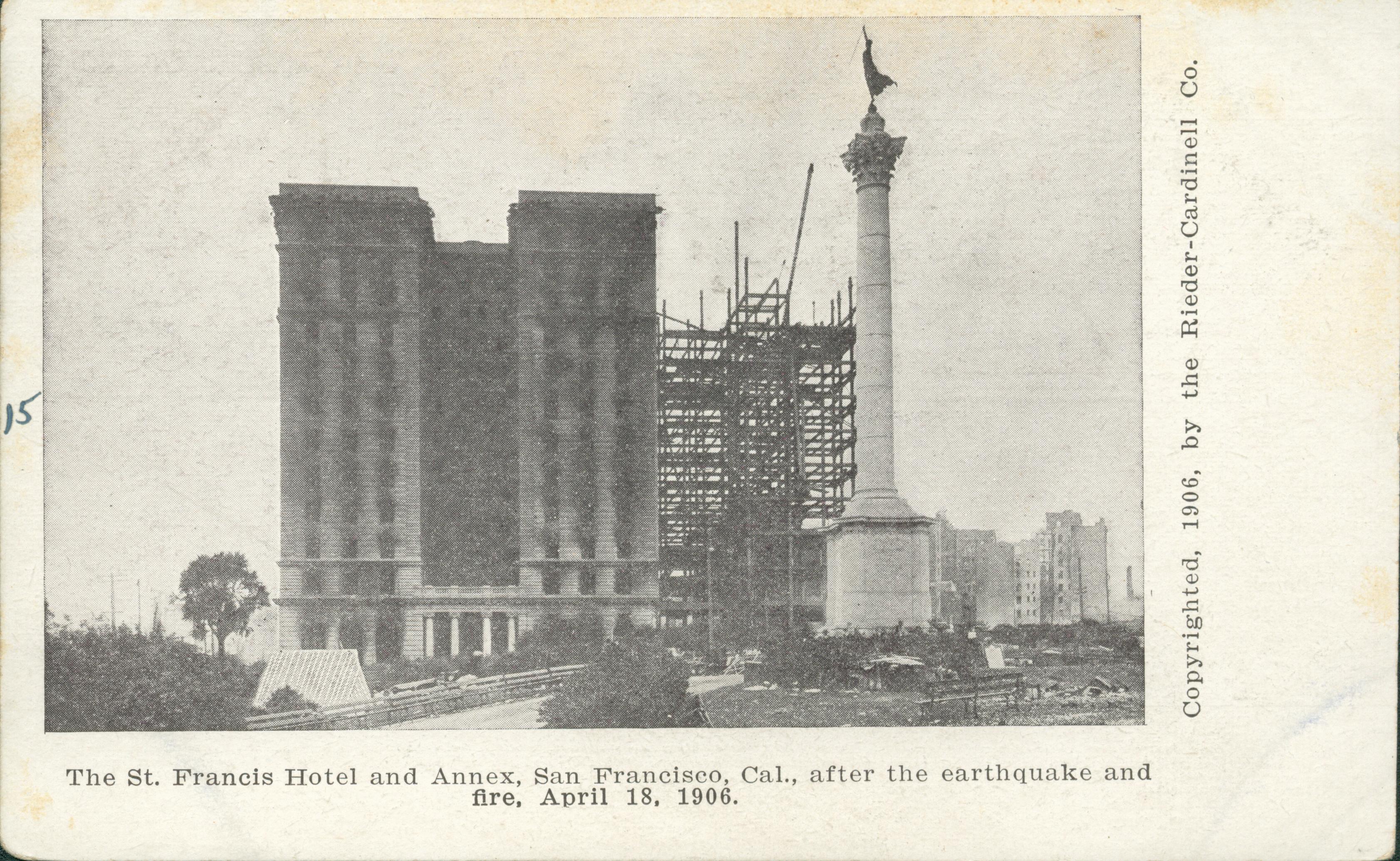 Shows the destruction of the St. Francis Hotel San Francisco.