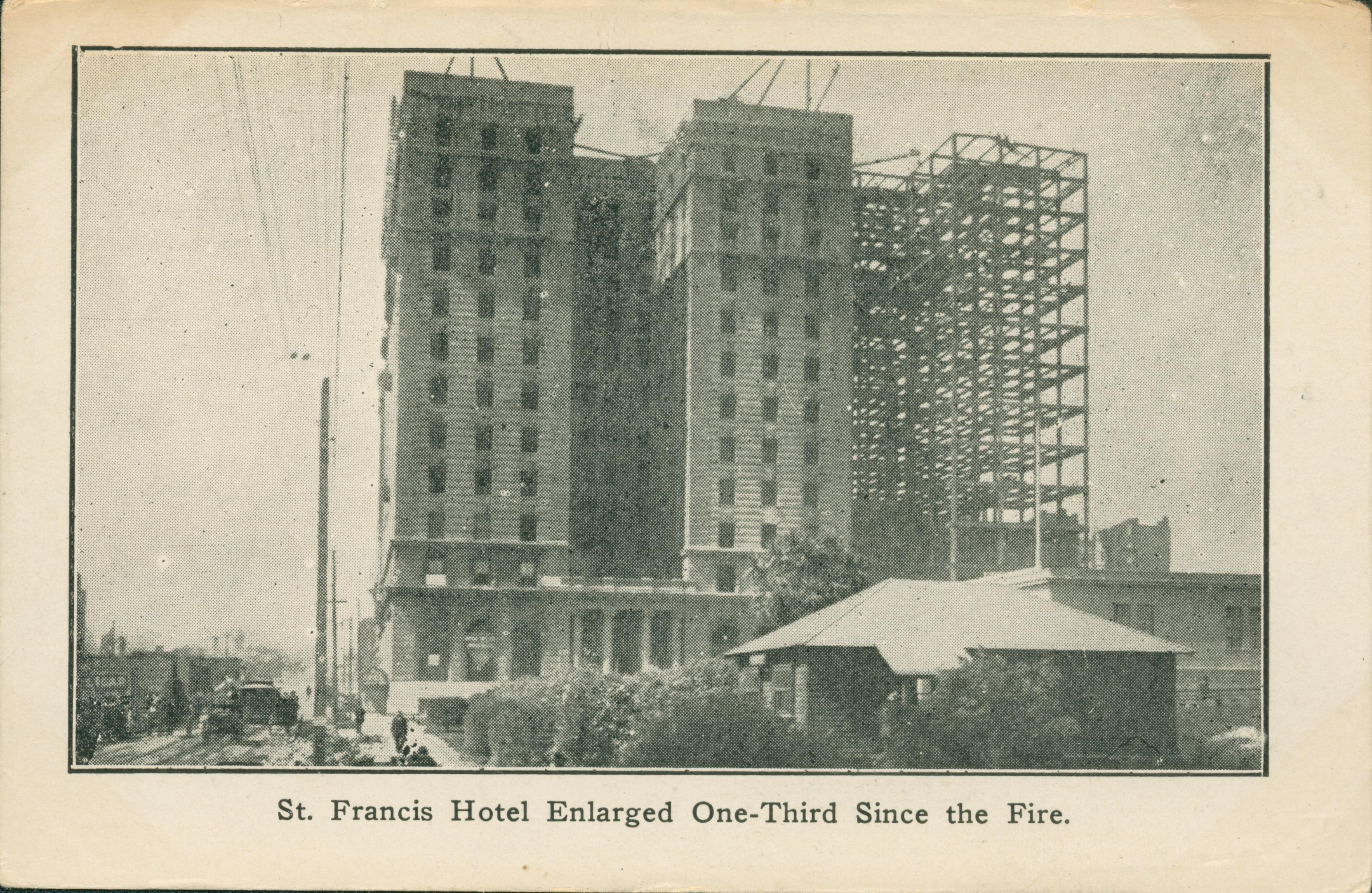 Shows the St. Francis Hotel under construction.