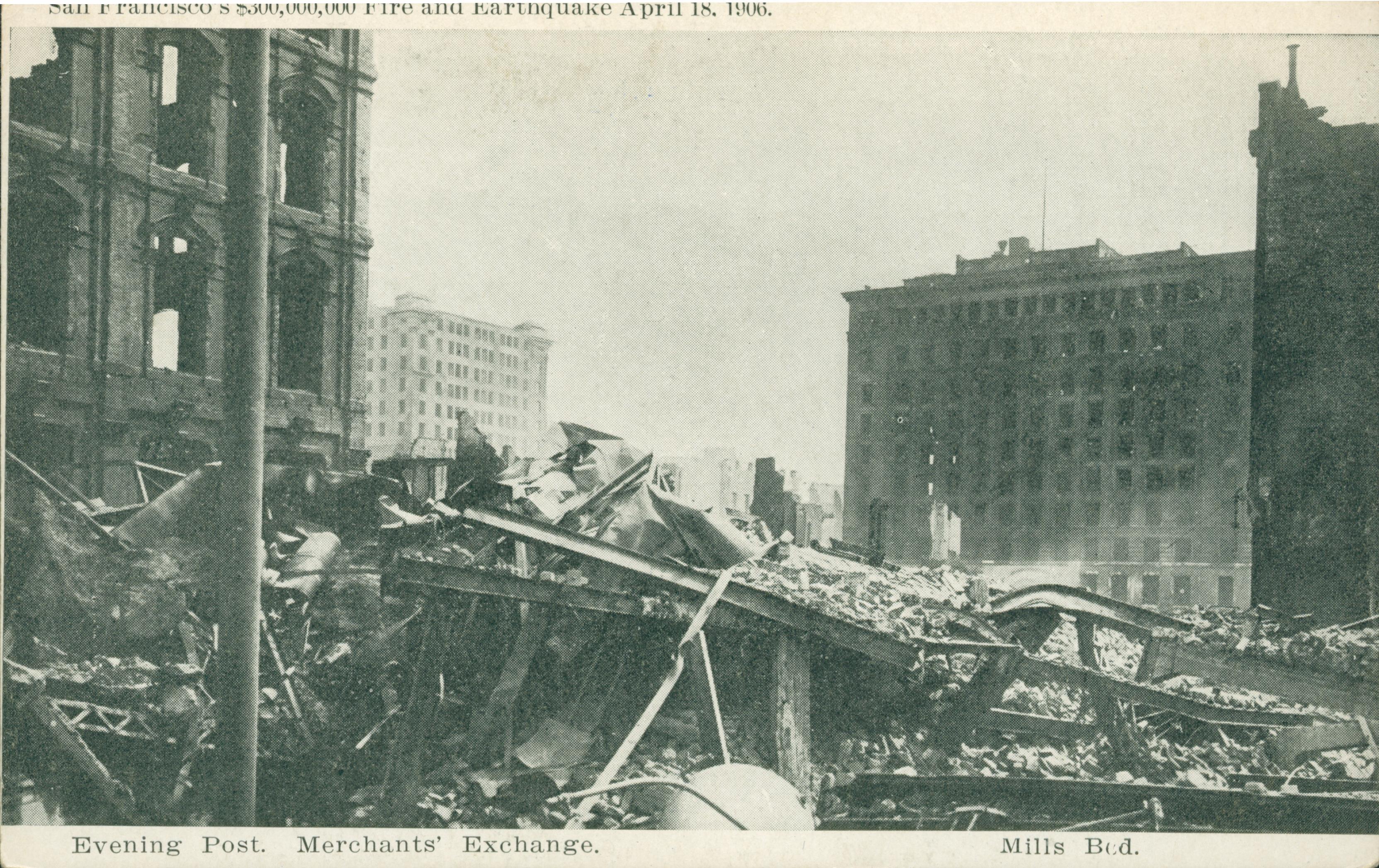 Shows piles of rumble and collapsed buildings.