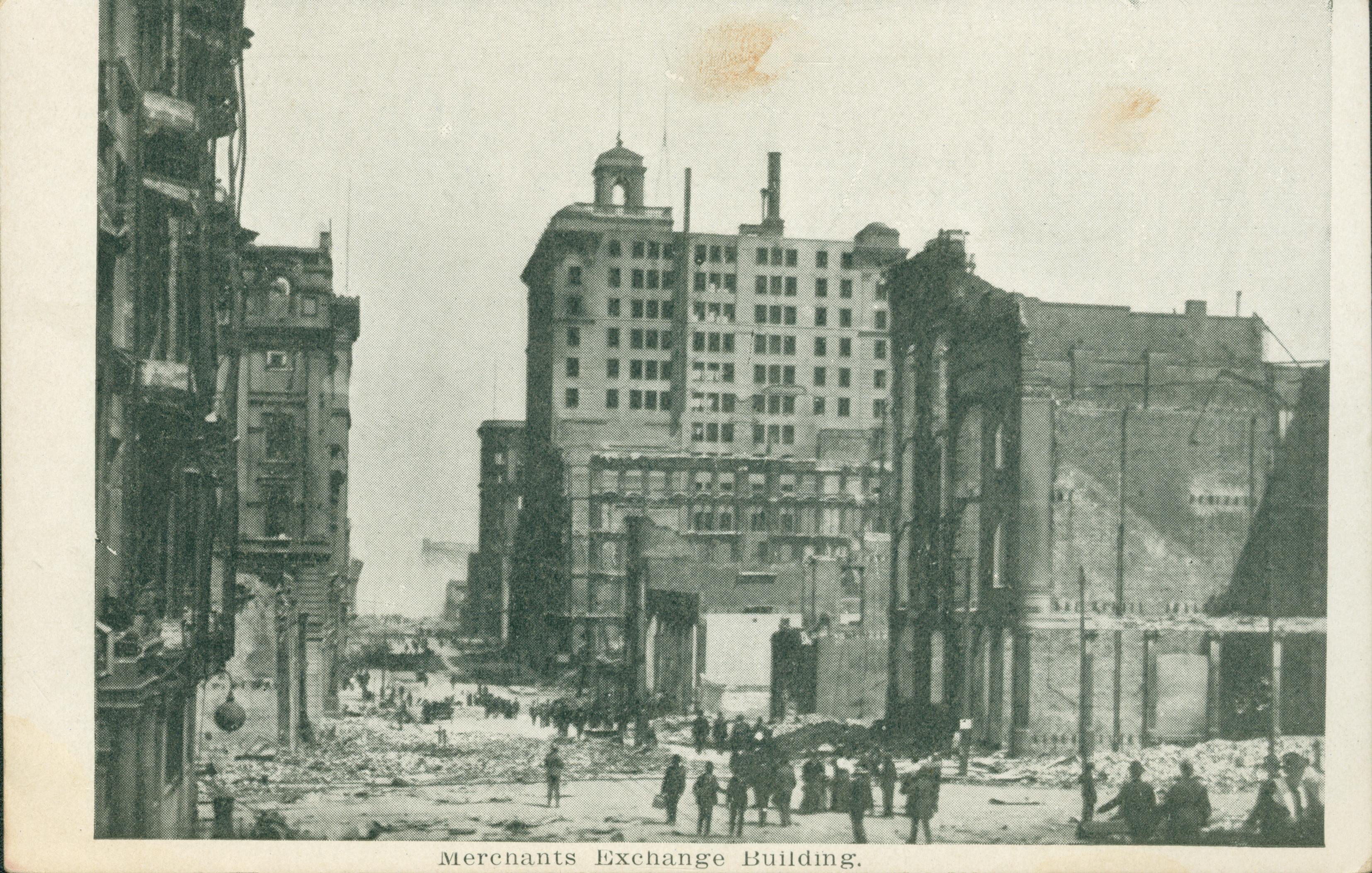 Shows the damage to the Merchants' Exchange Building in San Francisco.