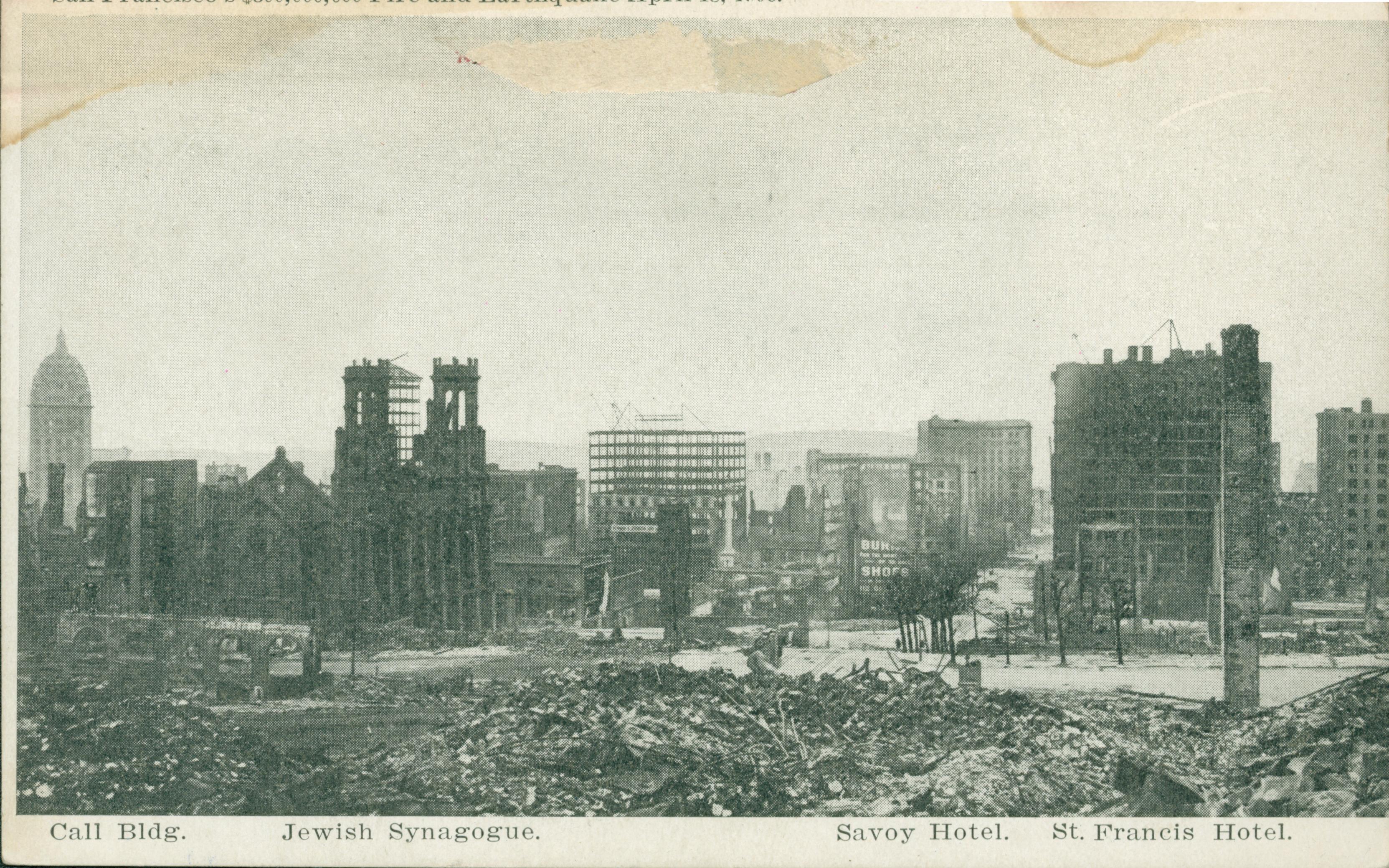 Shows a panoramic view of the destruction in San Francisco.