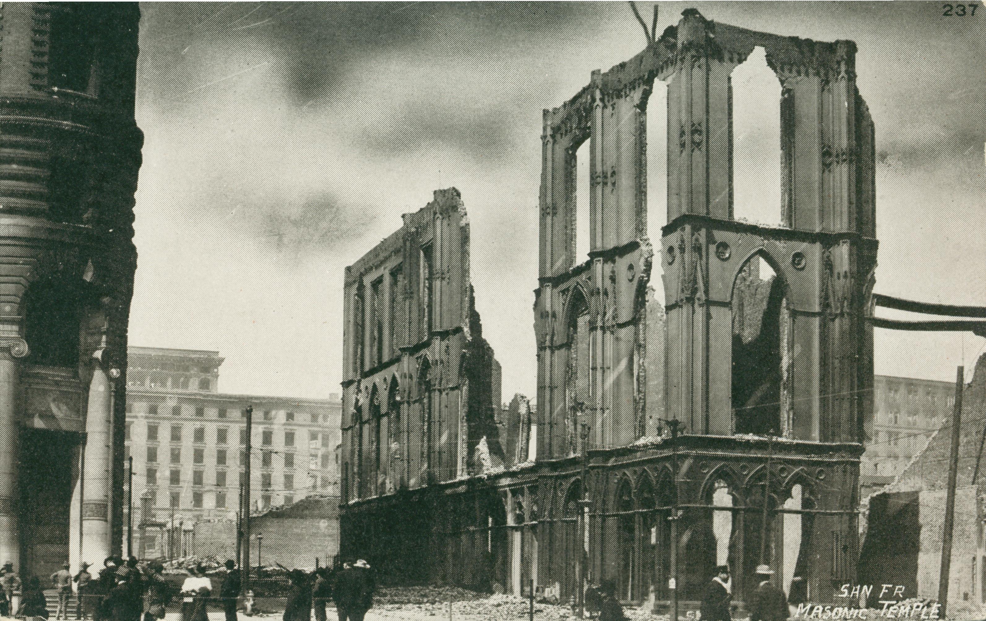 Shows the ruins of the Masonic Temple in San Francisco.