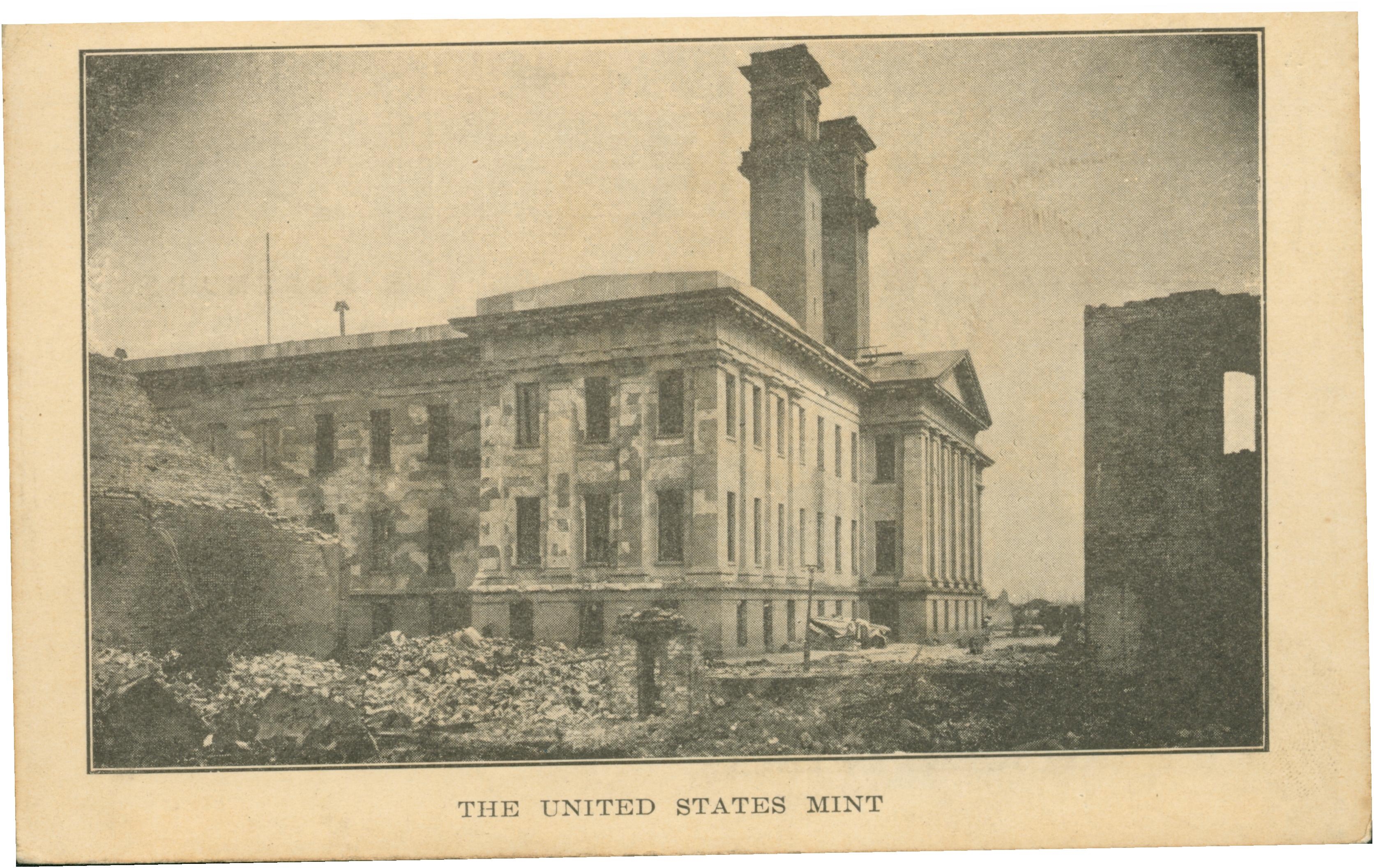 Shows the United State Mint in San Francisco surrounded by ruble.