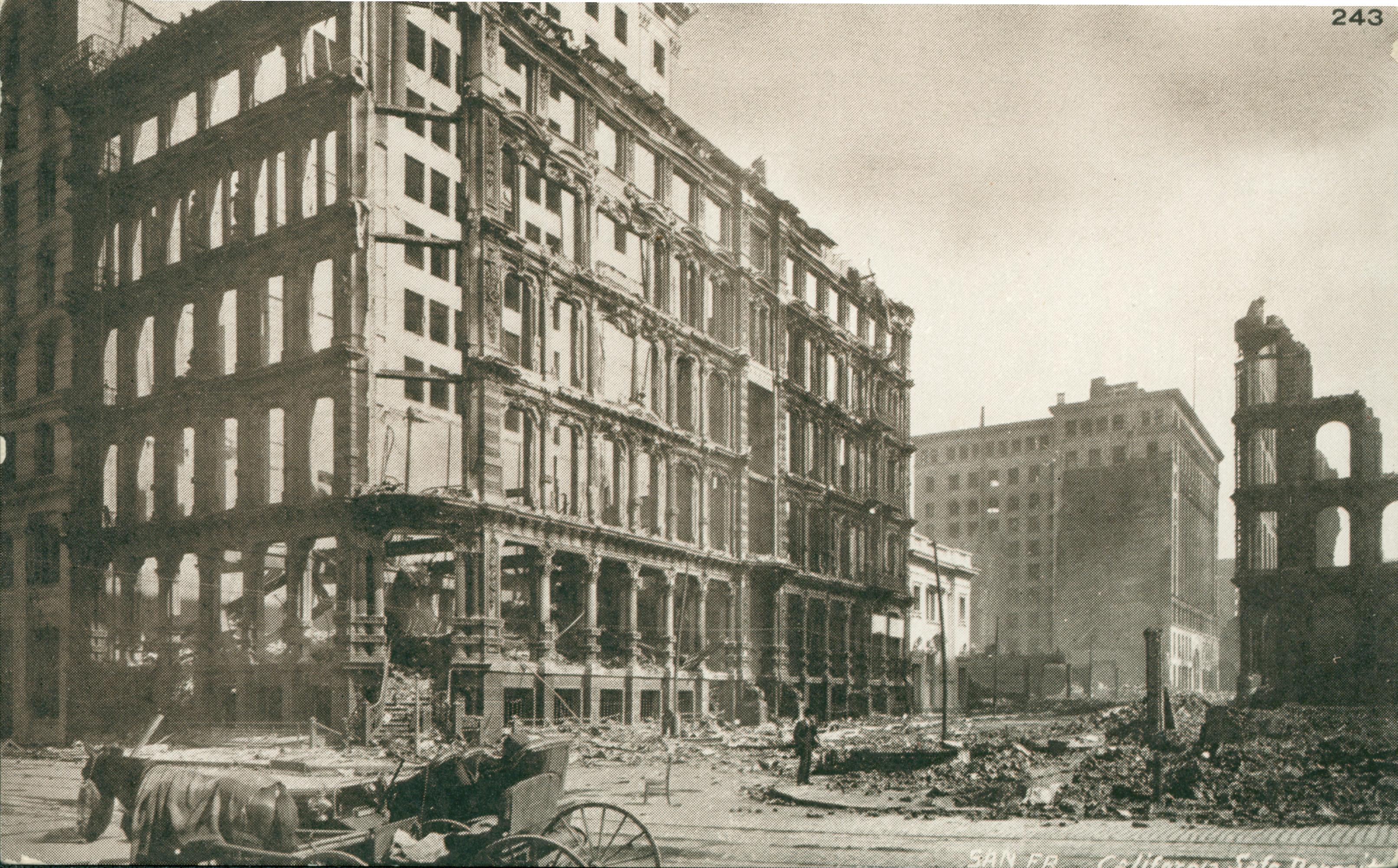 Shows the destruction of multiple buildings in San Francisco.