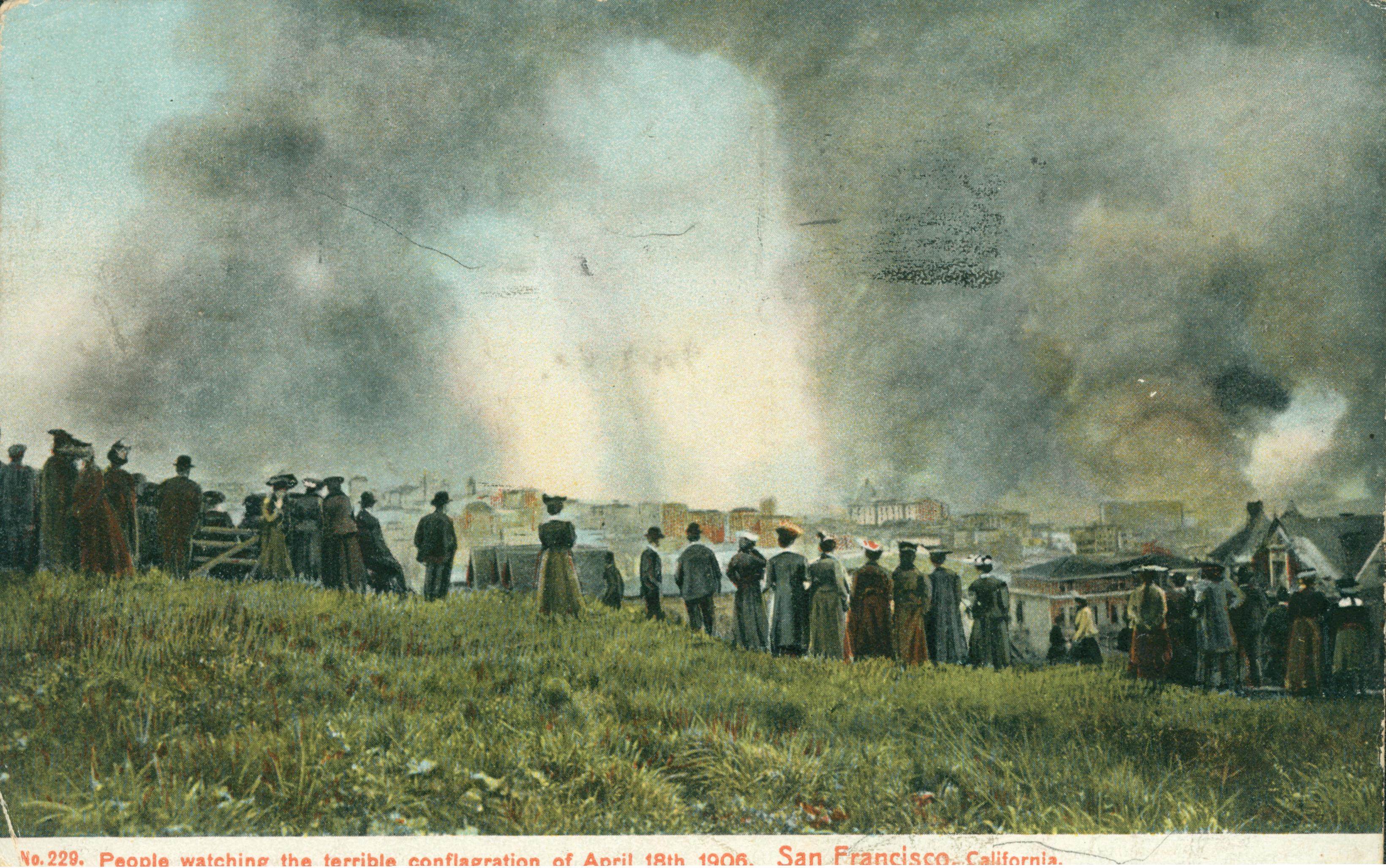 Shows a drawing of people watching the fire in San Francisco.