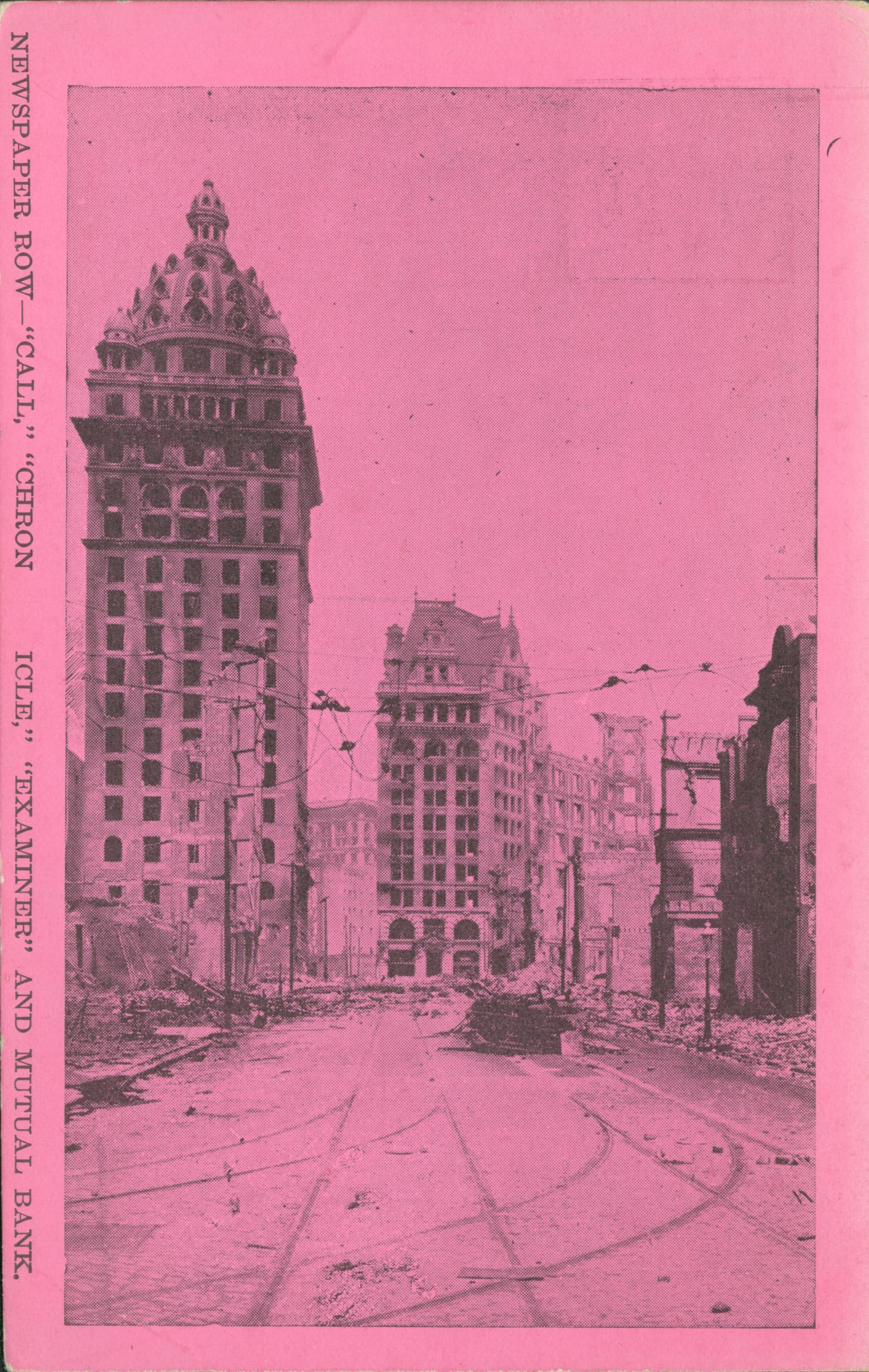 Shows several buildings standing surrounded by rubble of fallen buildings. Black and White image printed on pink paper.