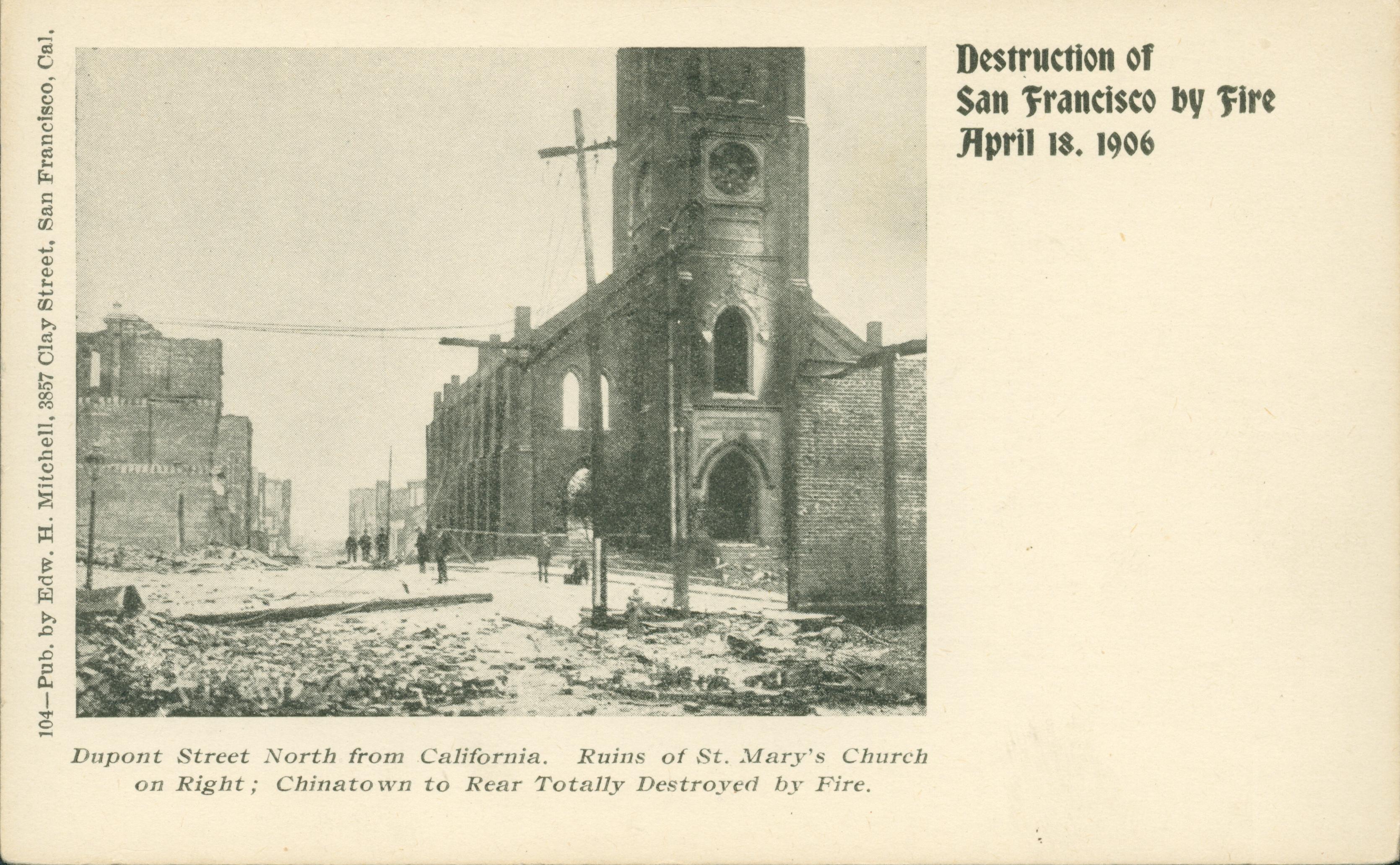 Shows the destruction of St. Mary's Church surrounded by other destroyed buildings.
