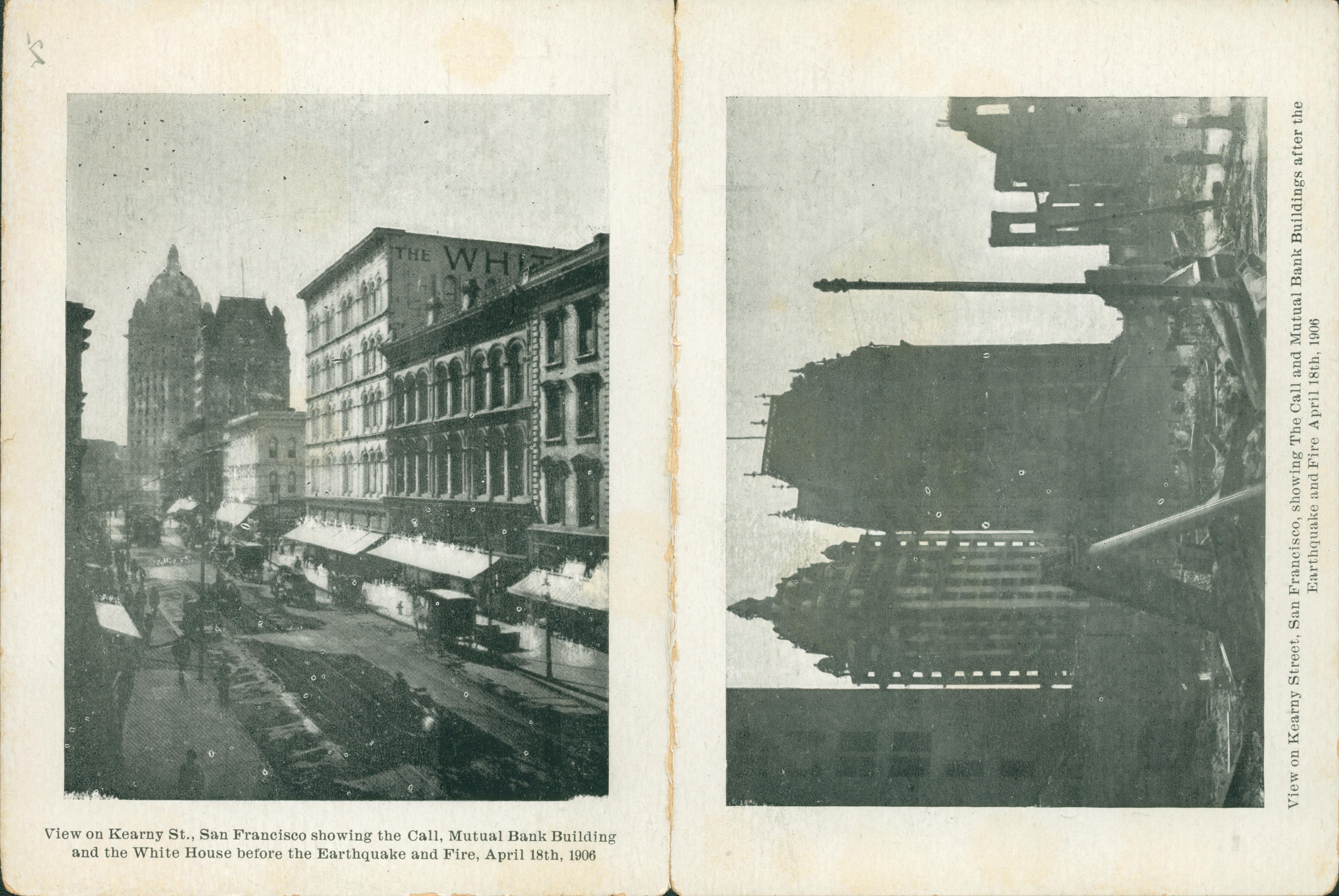 A set of two postcards attached. Shows several buildings before the earthquake and fire and then after the earthquake and fire.