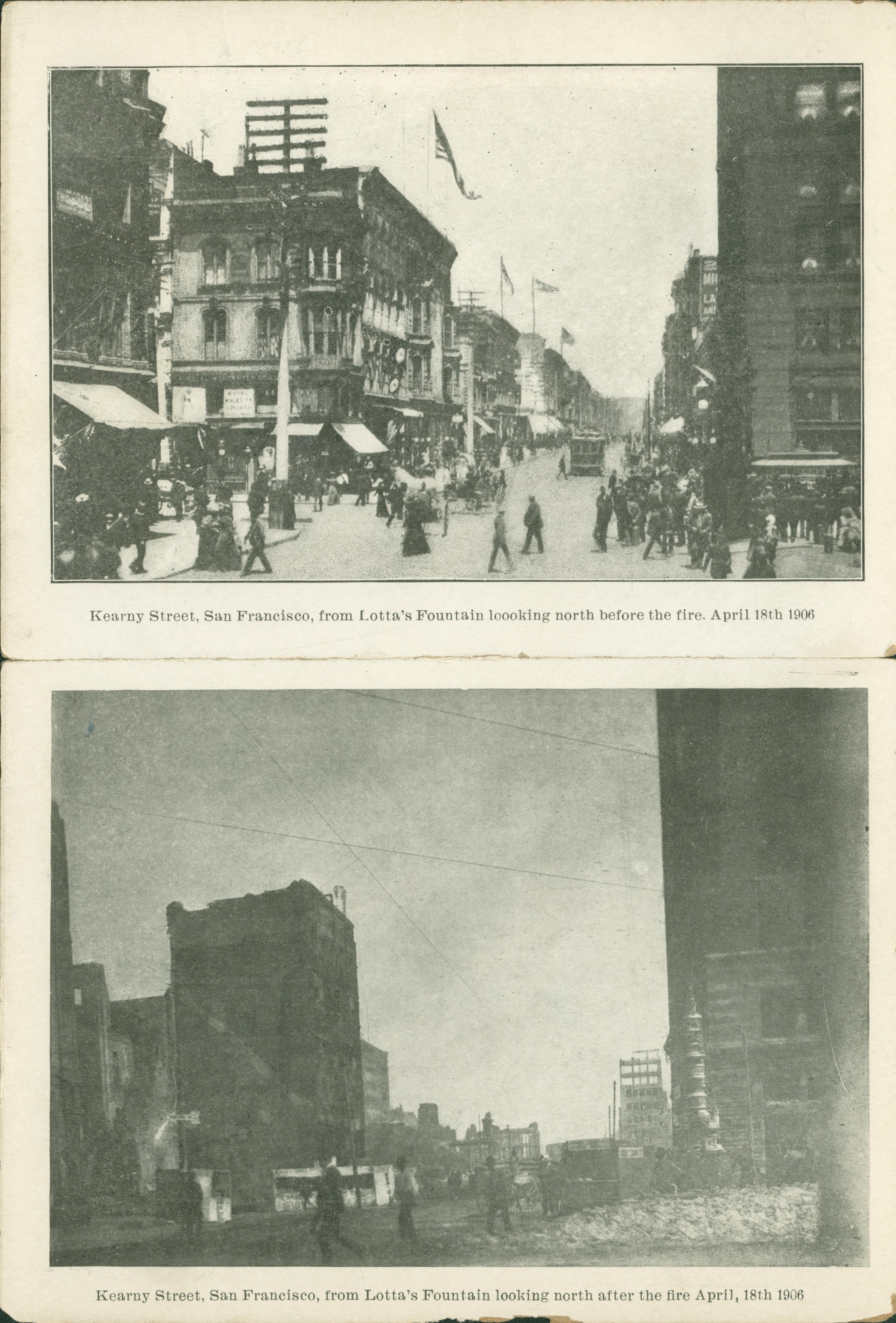 A set of two postcards attached. Both present the same view, one before the fire of 1906, one after.