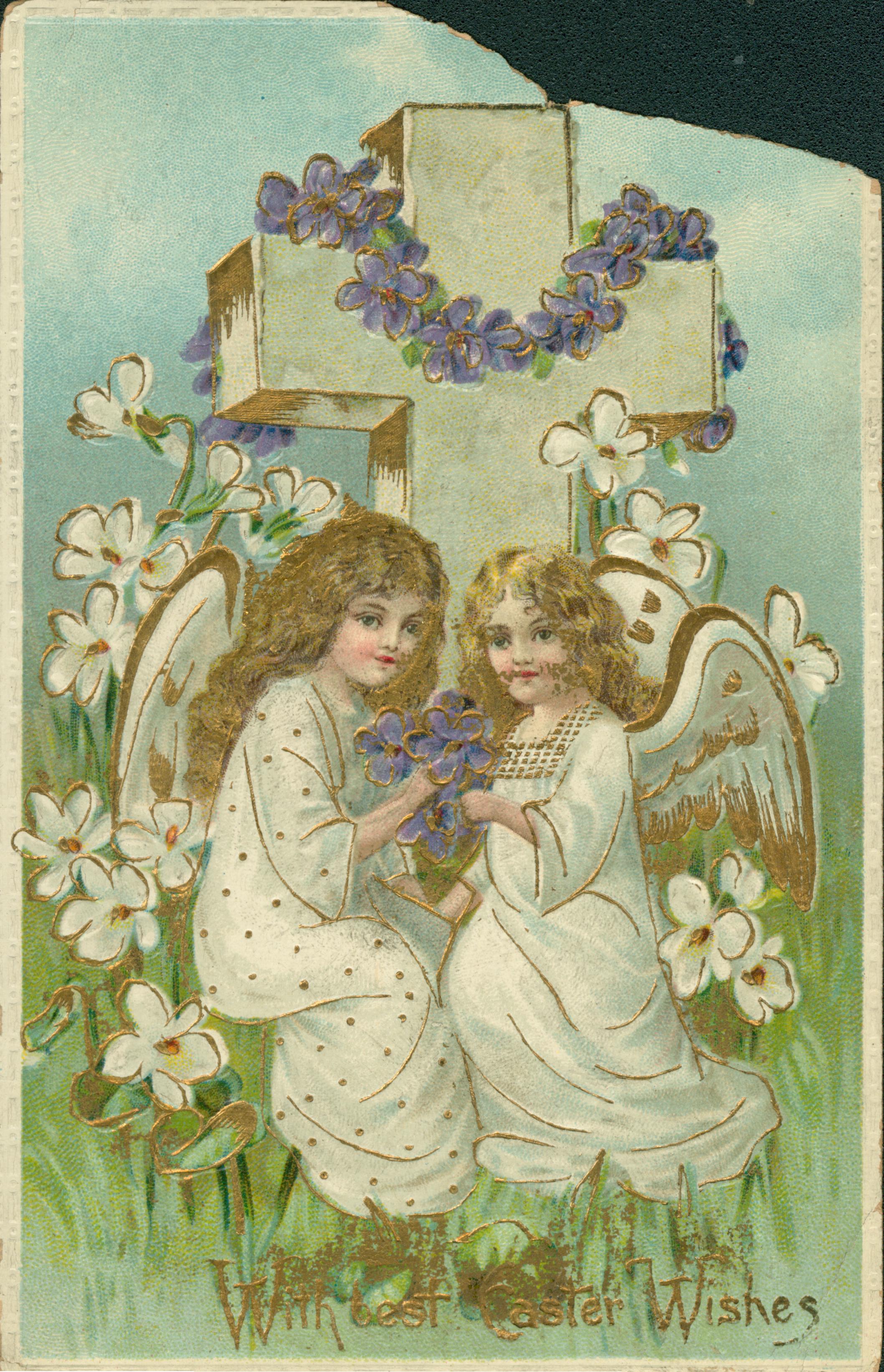 Two angels in front of a cross holding flowers.