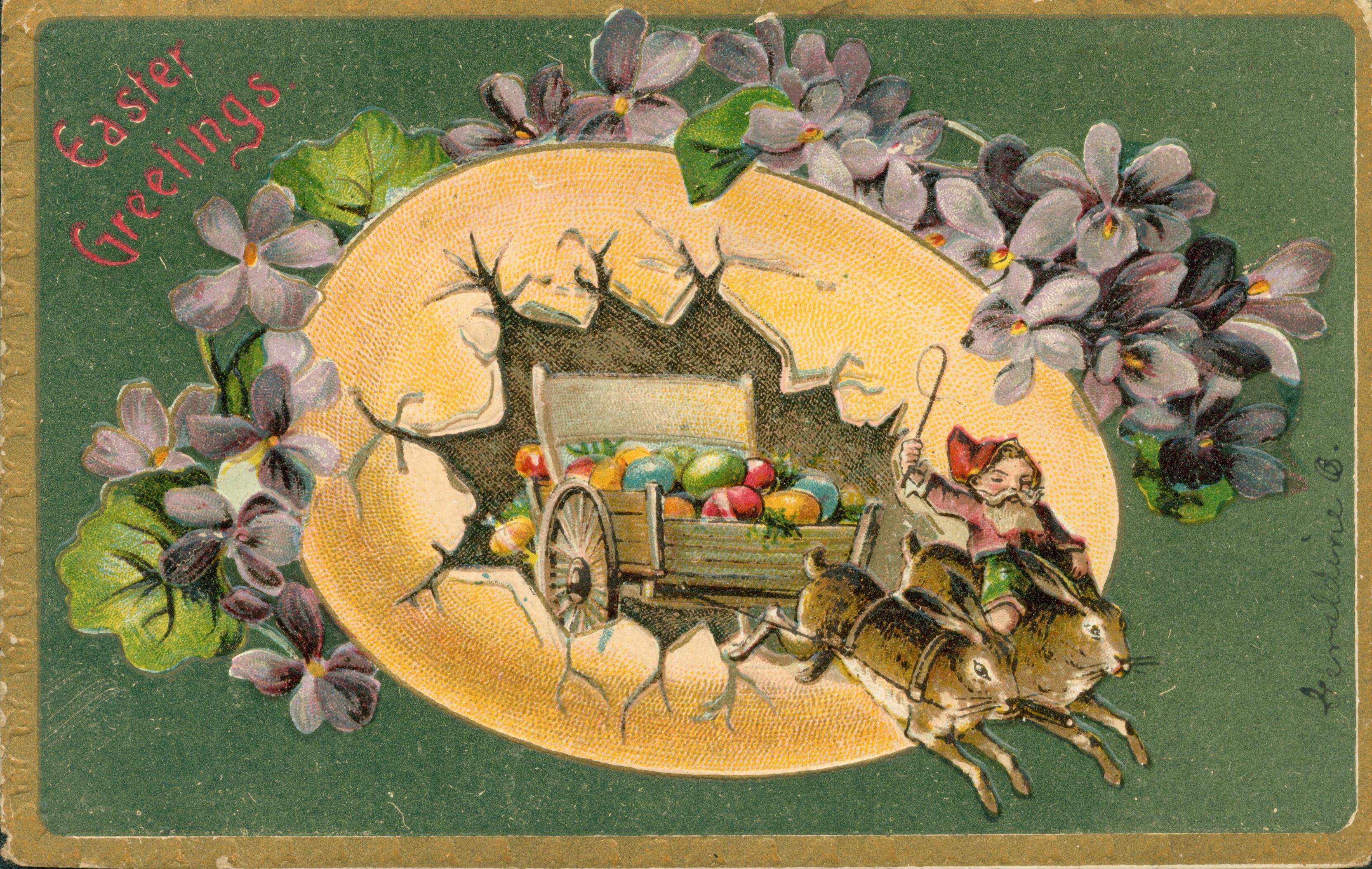 Image of a cart of colored eggs being pulled by rabbits out of a large egg surrounded by flowers.