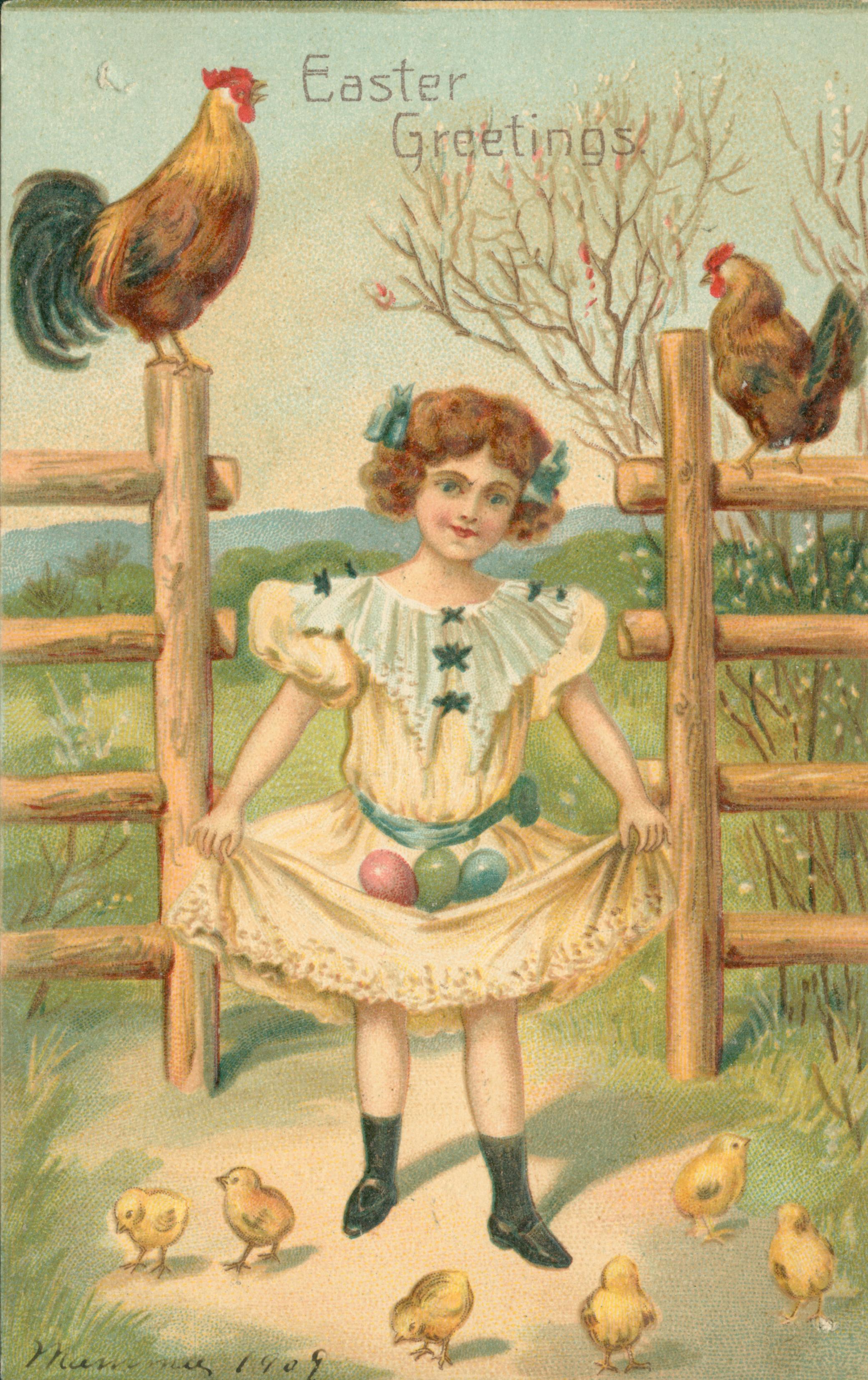 Drawing of a girl collecting colored eggs surrounded by chicks and chickens.