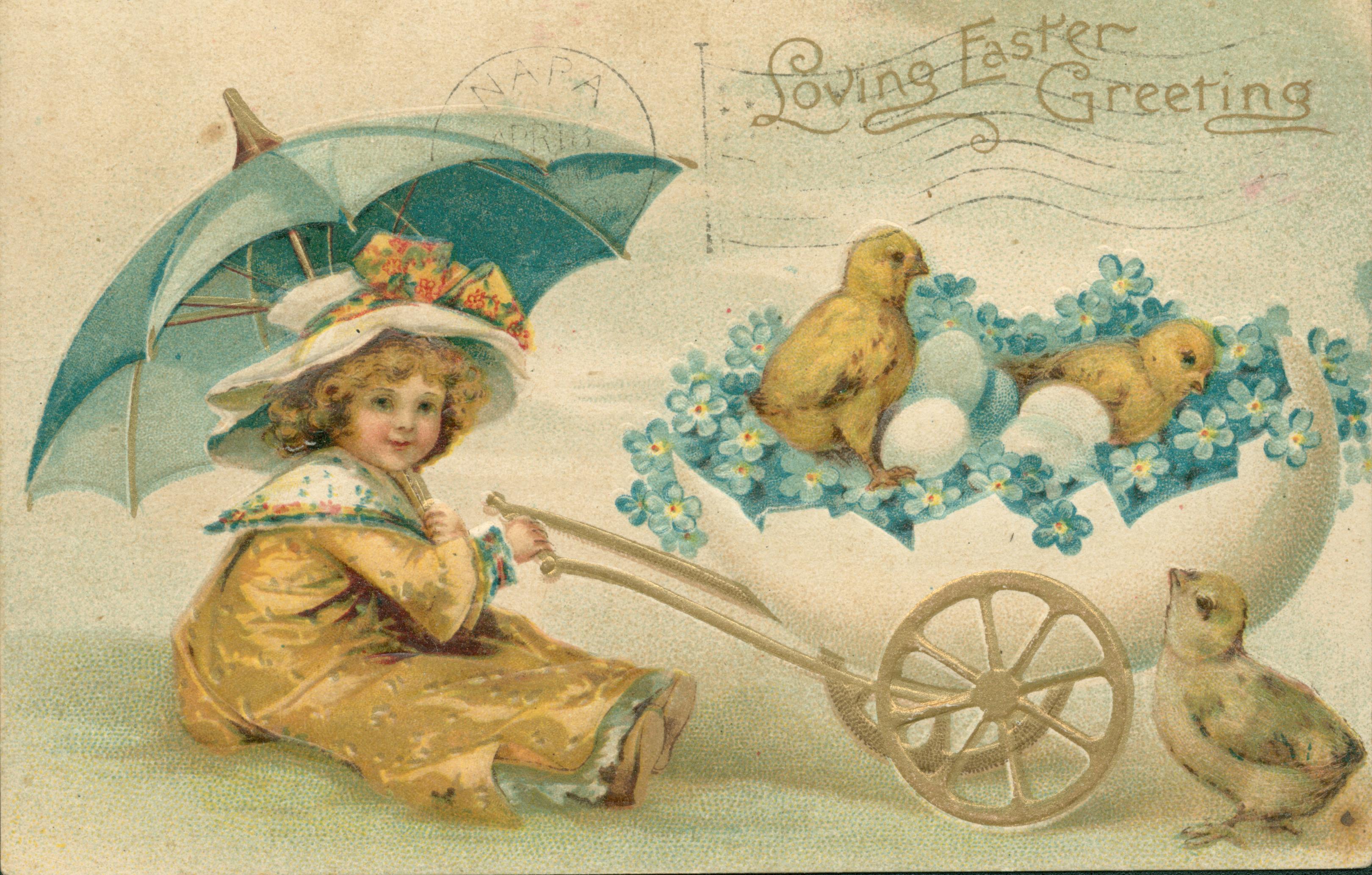 Drawing of a girl holding onto a cart with chicks and eggs in it.