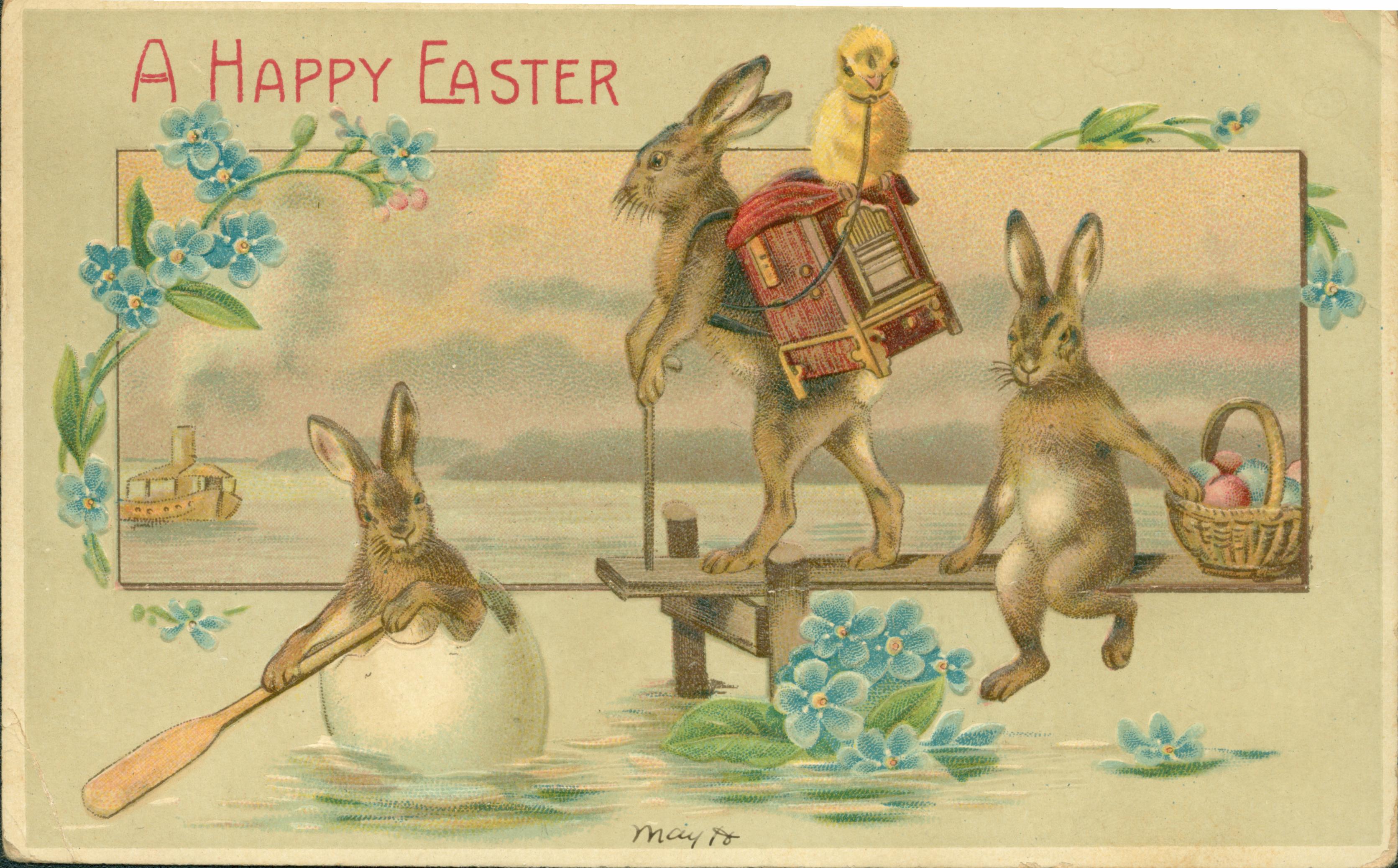 Three rabbits on a dock, one using an egg as a boat and one has a chick on his back.