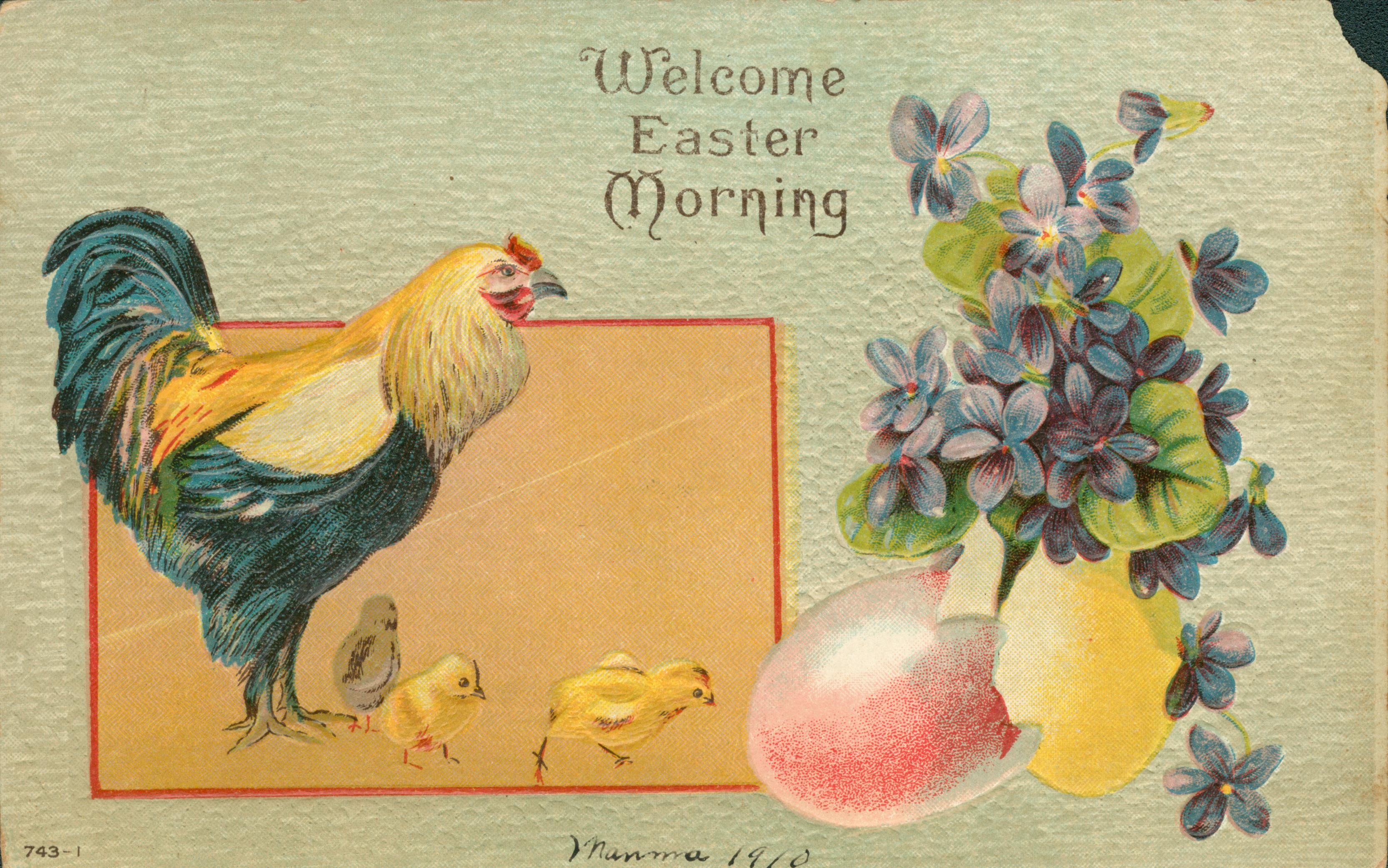 A chicken and three chicks nect to two colored eggs and some flowers.