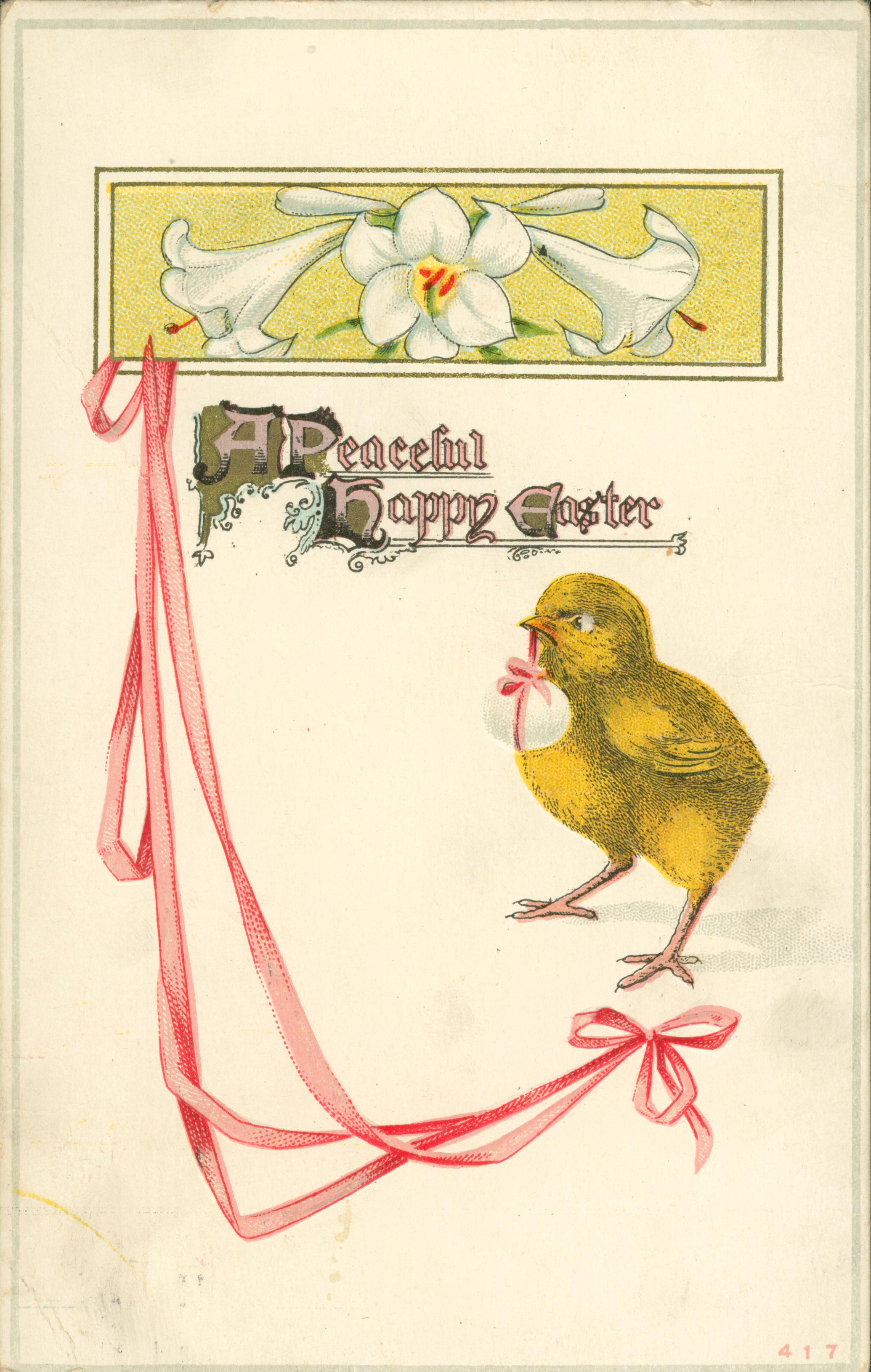 A chick carrying an egg tied in ribbon.