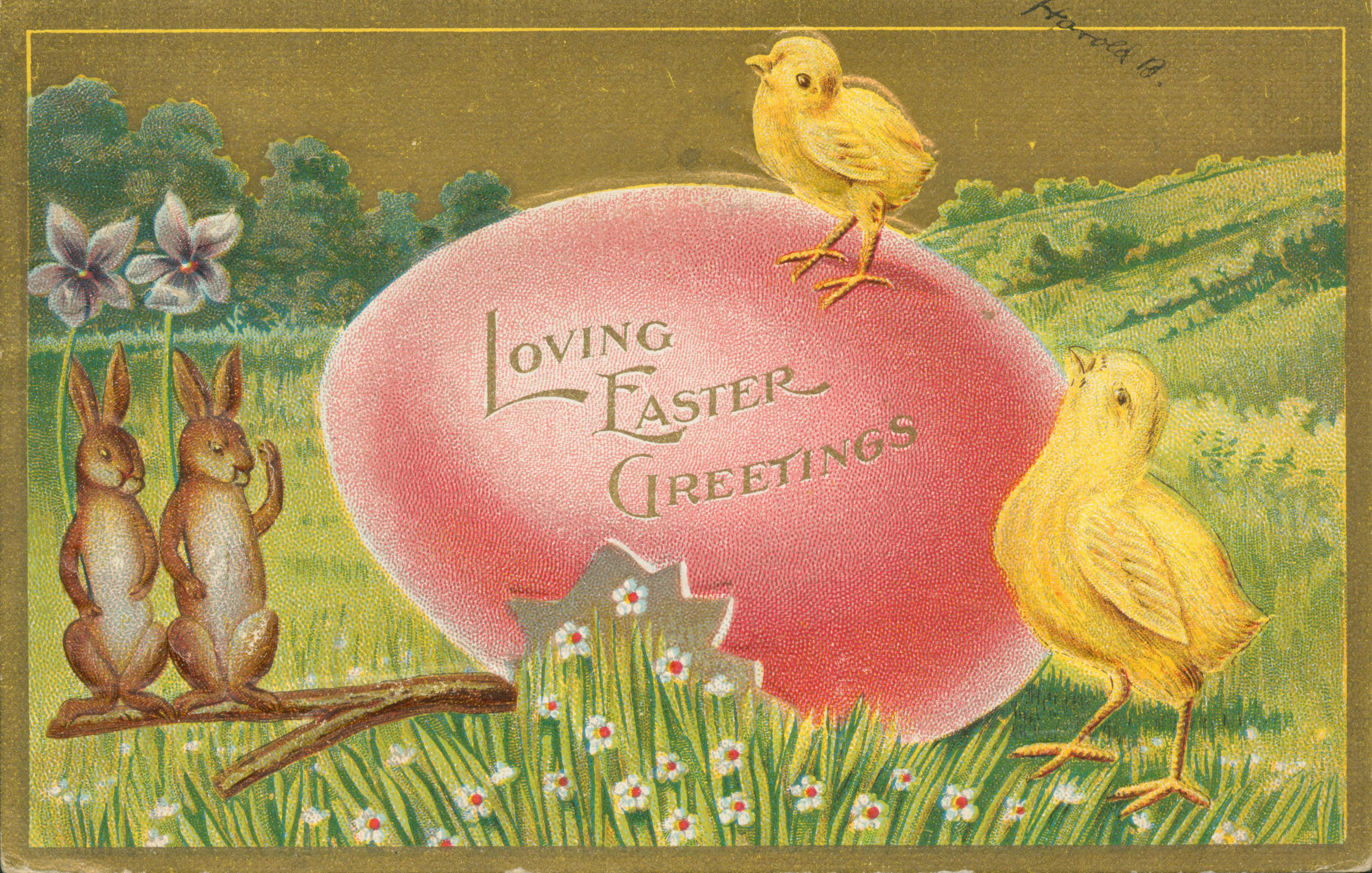 Two chicks and two rabbits around a large red egg .