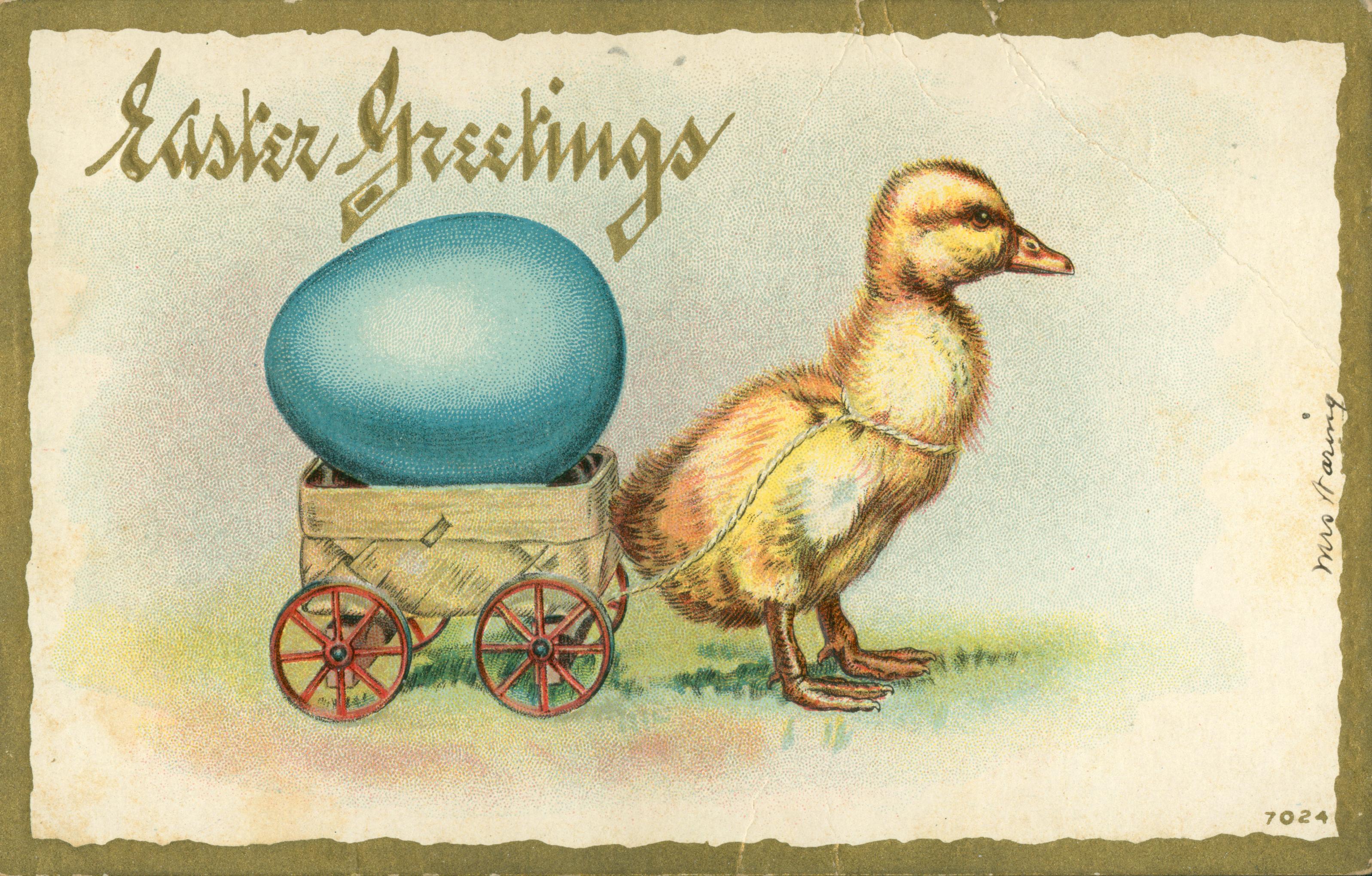 A chick pulling a wagon with a blue eggo on it.