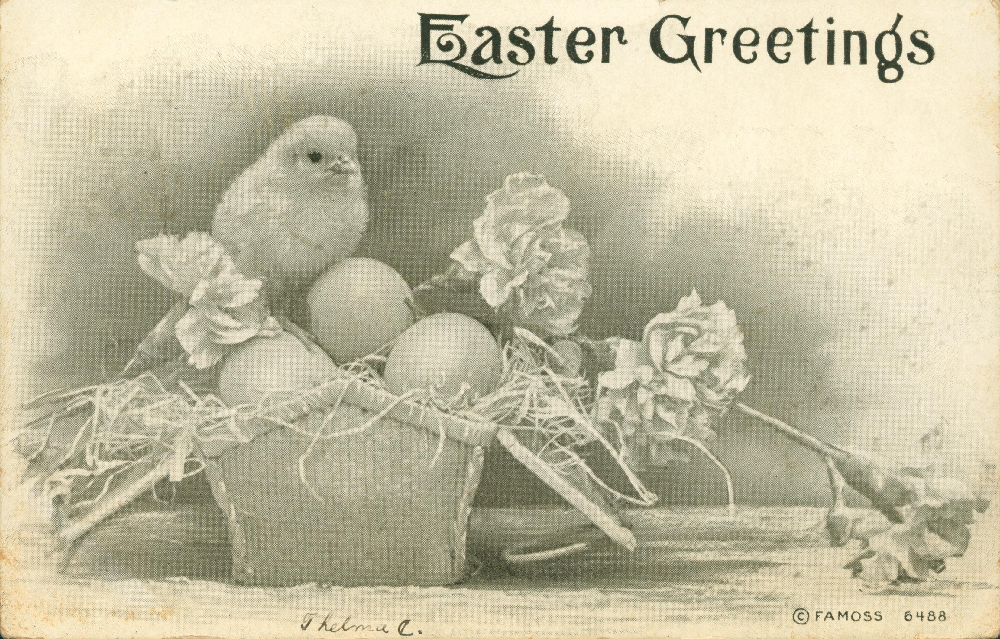 A chick on top of a basket of eggs and flowers.