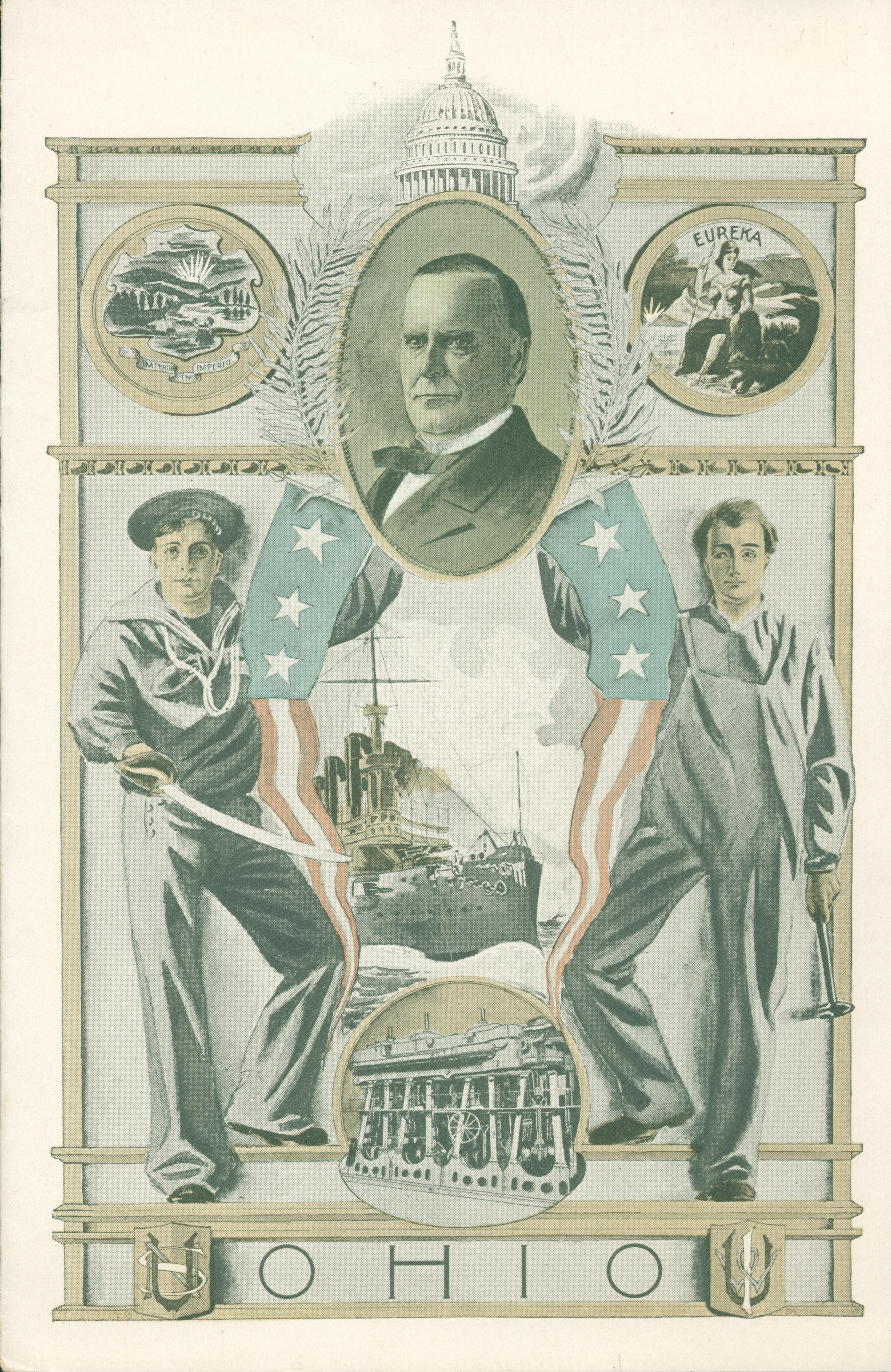 Front shows the ship framed by three individuals, a sailor, a man in a suit and a shipbuilder
