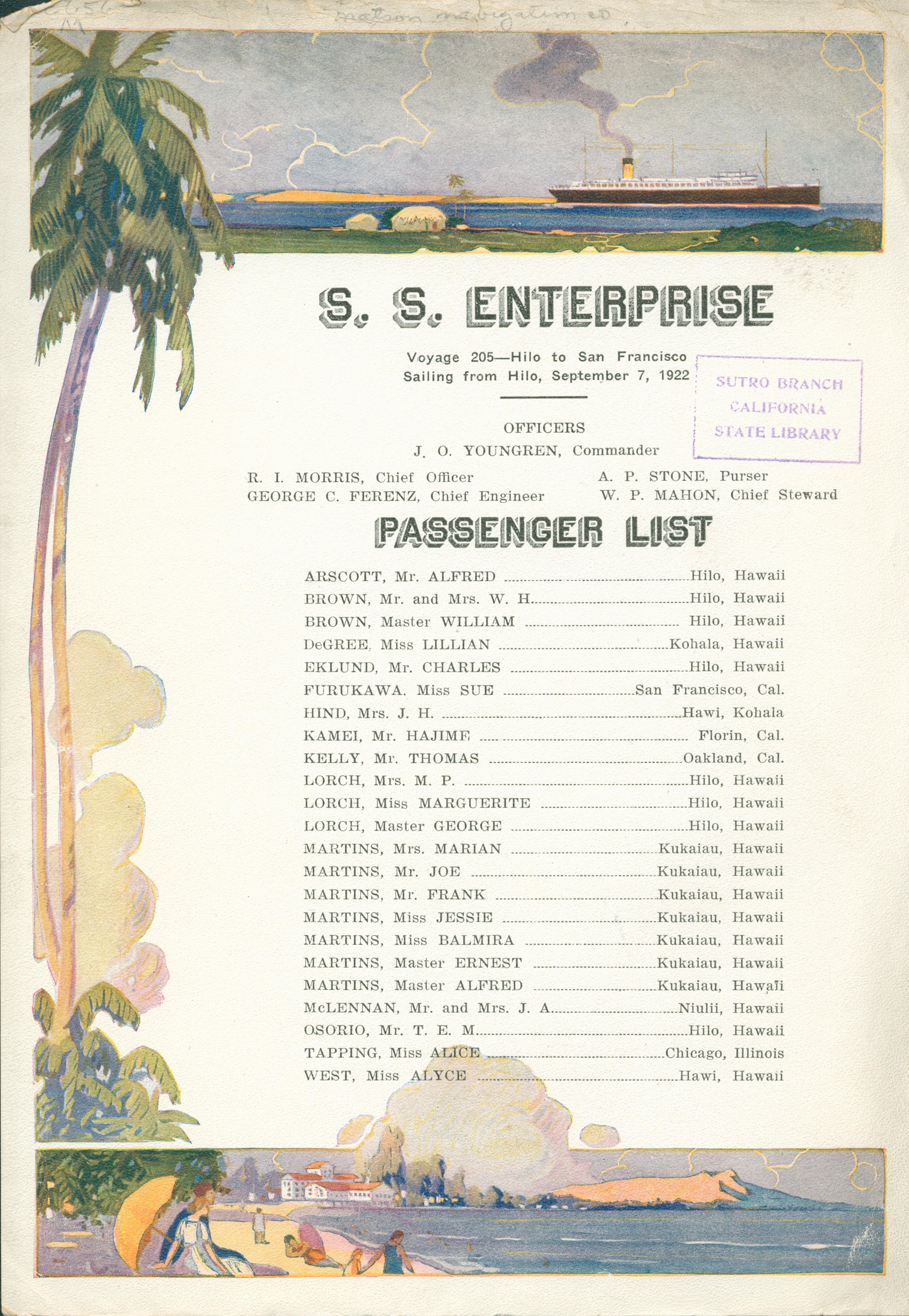 Shows a ship above and a beach below the passenger information with a palm tree framing the left side of the page