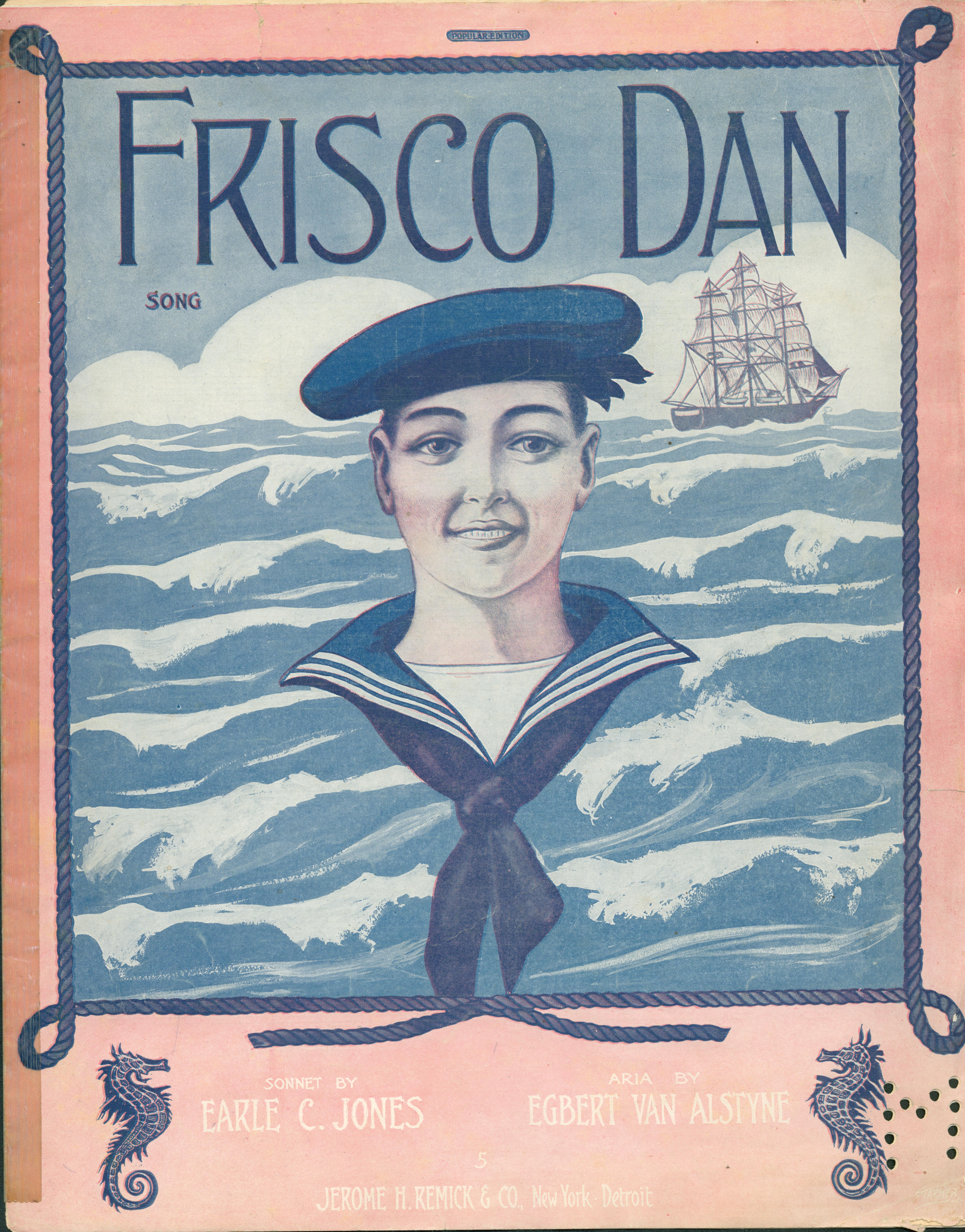 Front cover shows a sailor on the seas, with a ship in the background