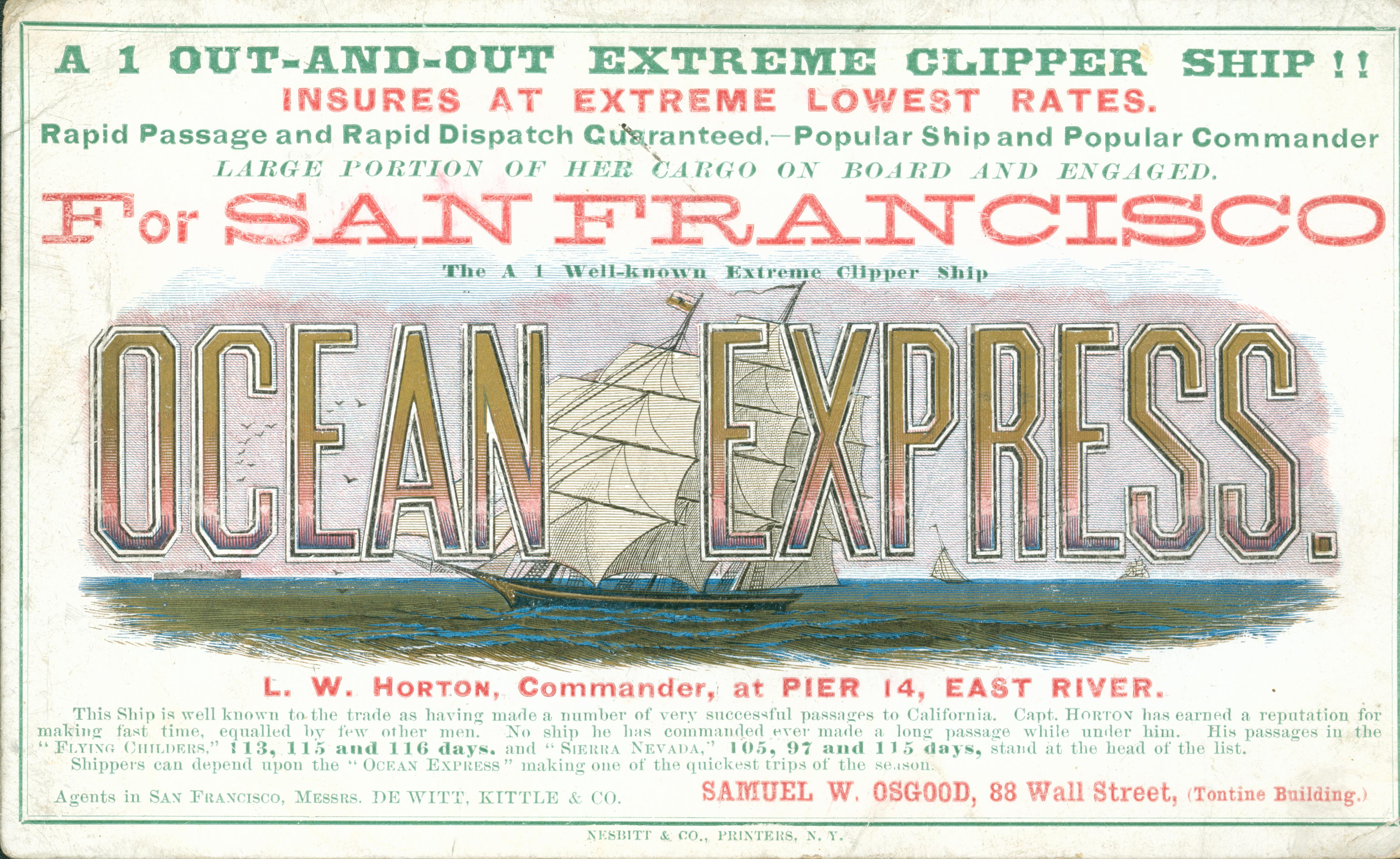 Shows a ship under sail, behind lettering