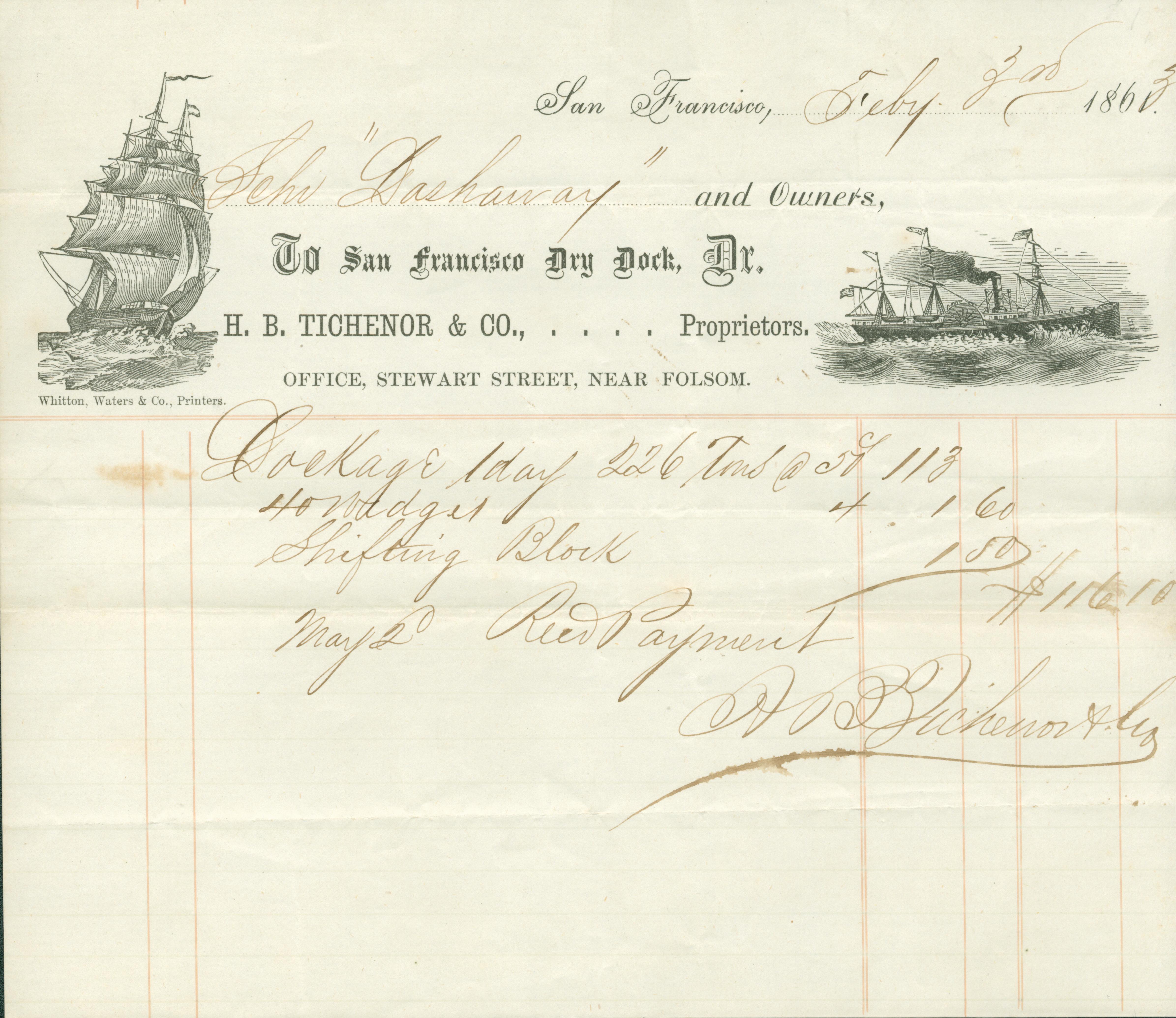 Receipt header information framed by two ships