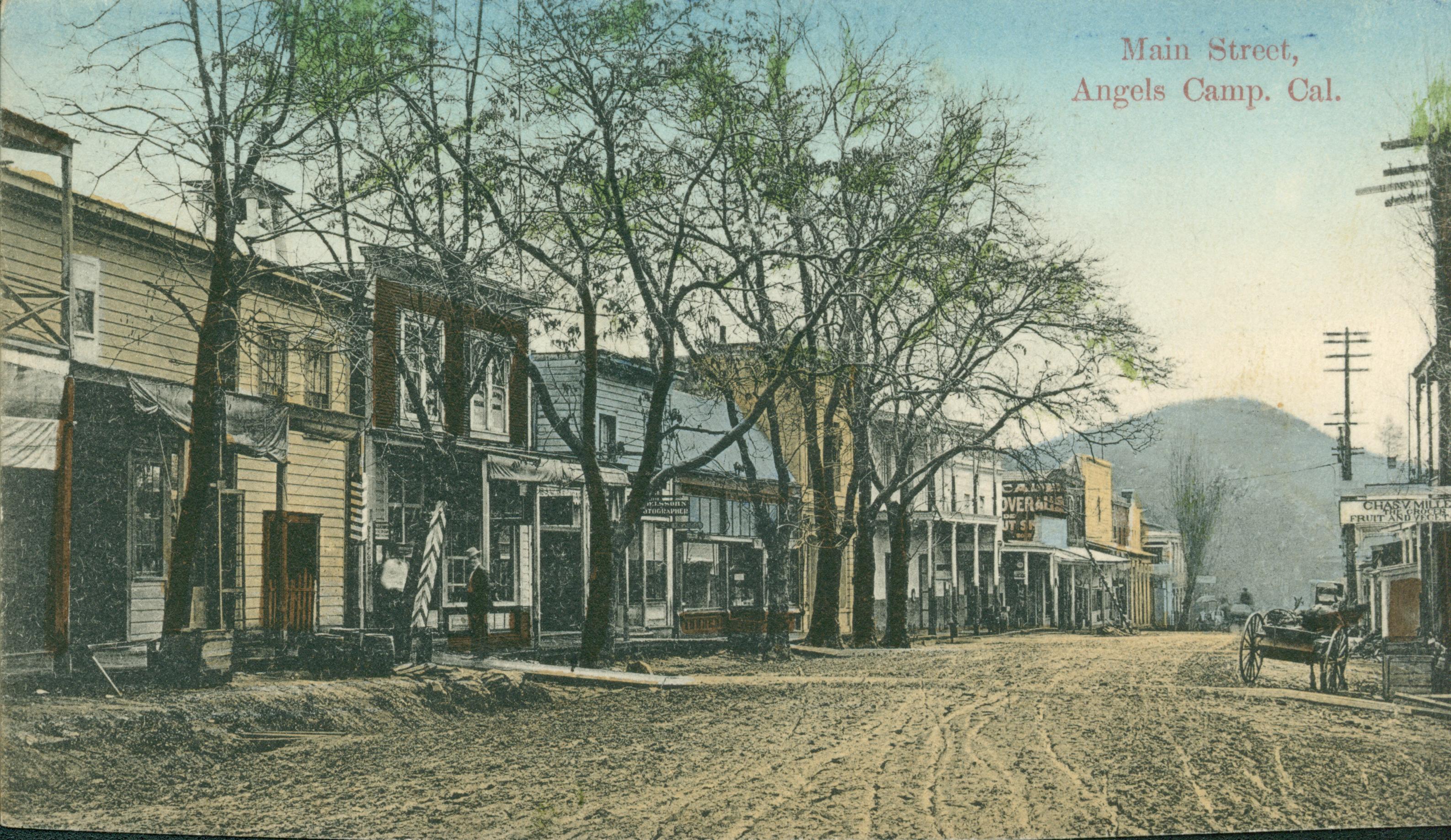 Shows Main Street in Angels camp, lined by buildings