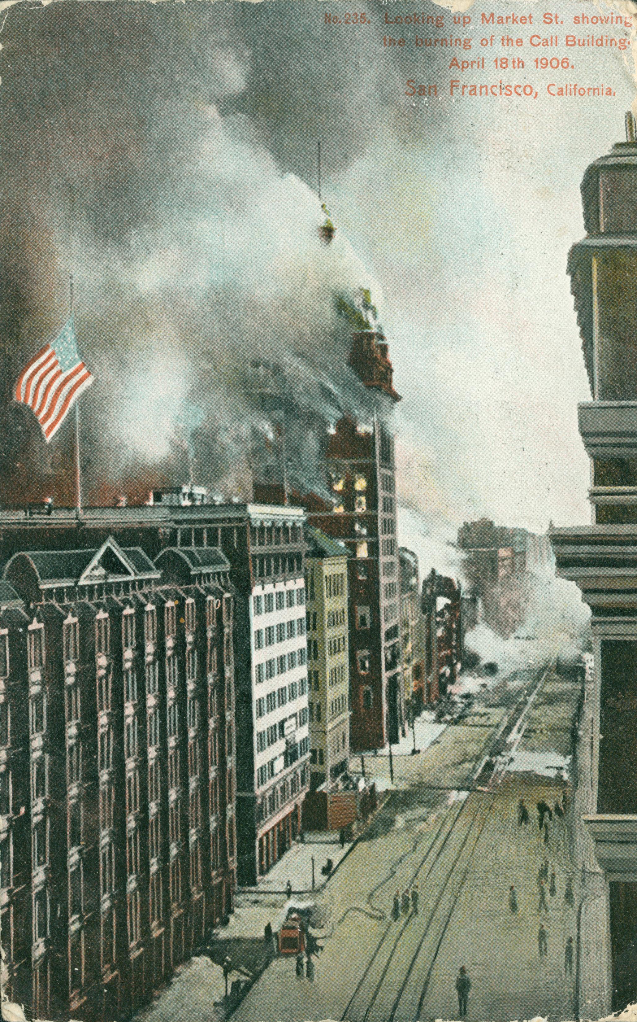 A drawing of Market Street showing the Call Building burning.