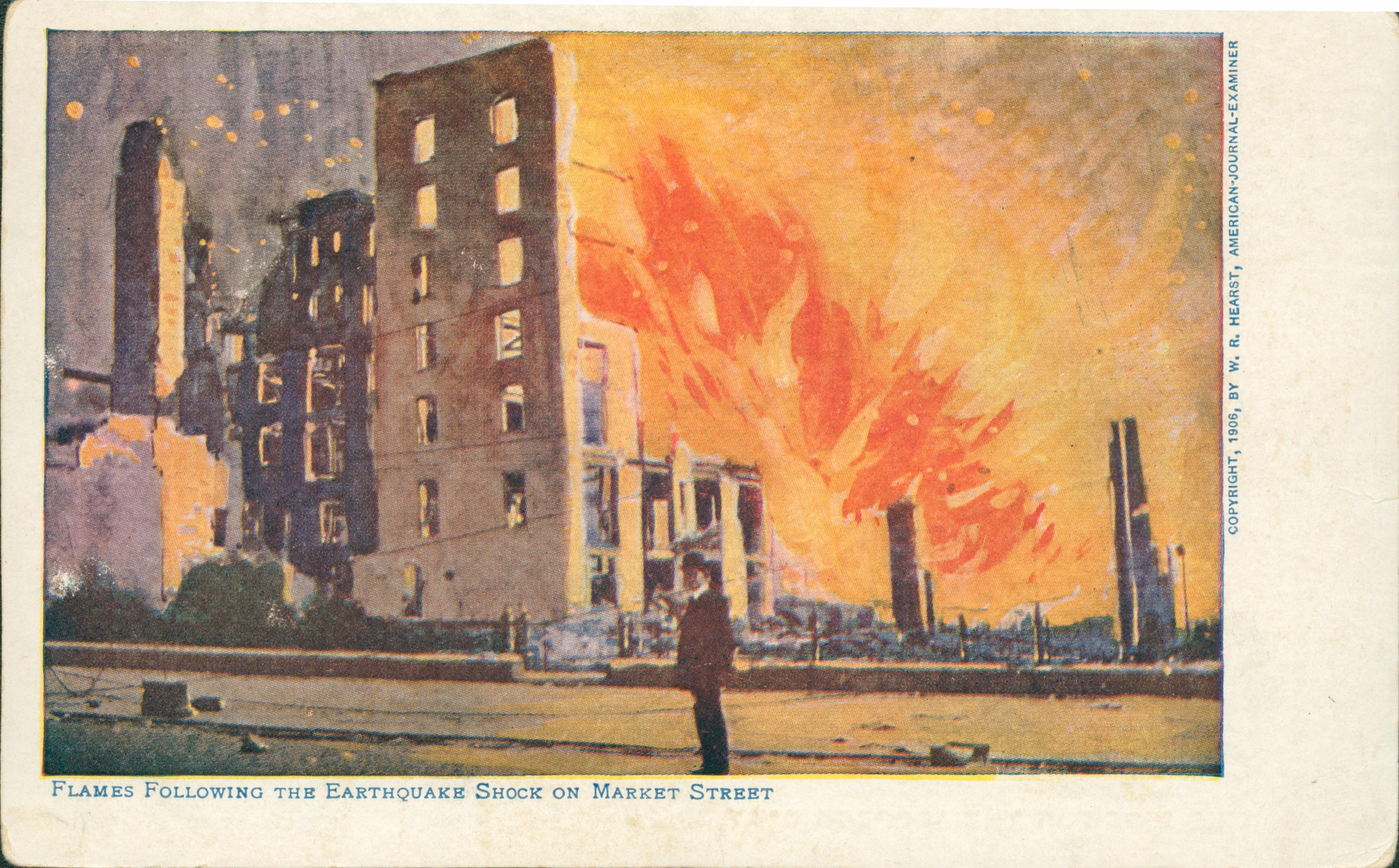 A drawing of man standing in front of a burning building.