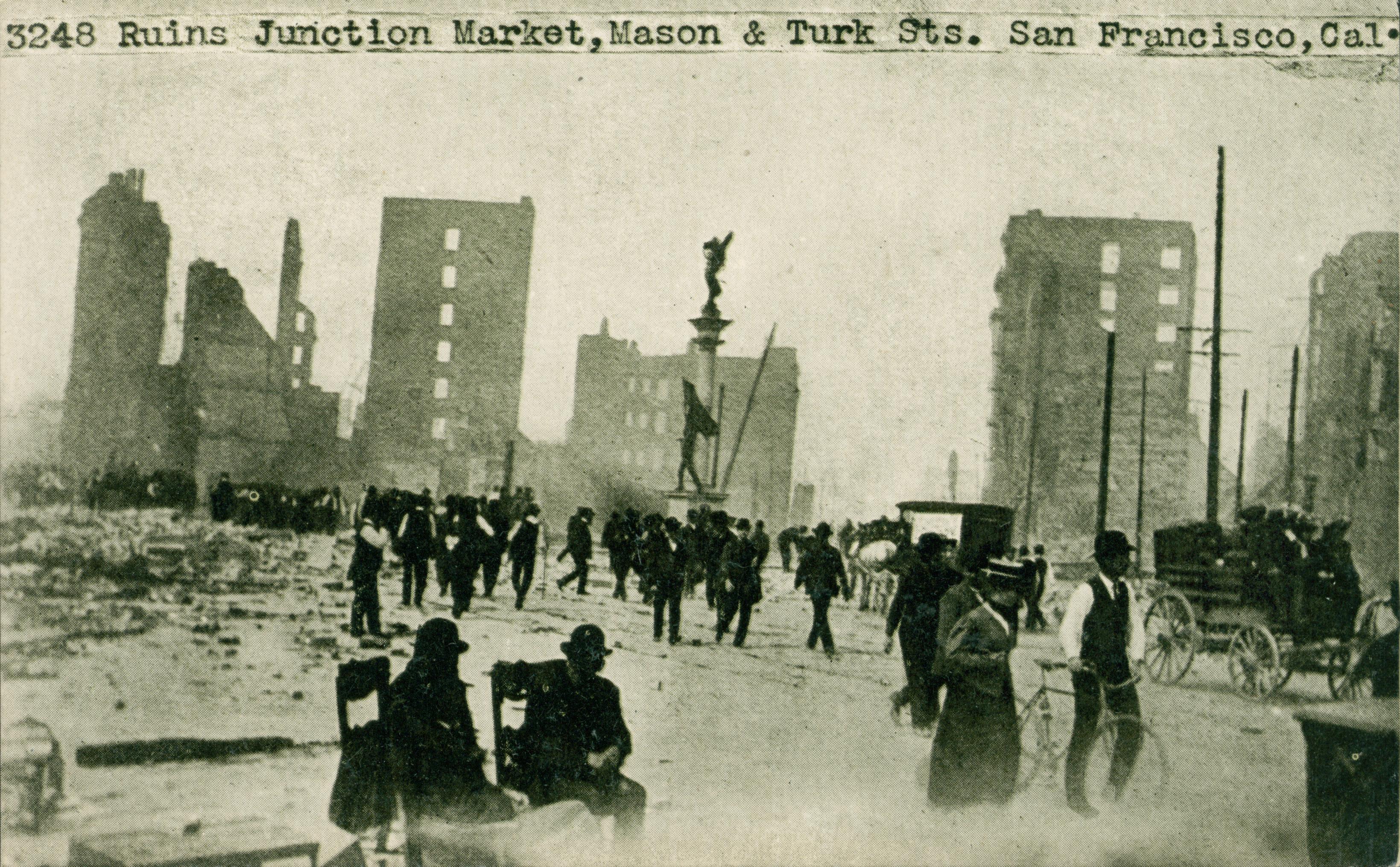 Shows crowds of people walking along streets with ruined buildings in the background.