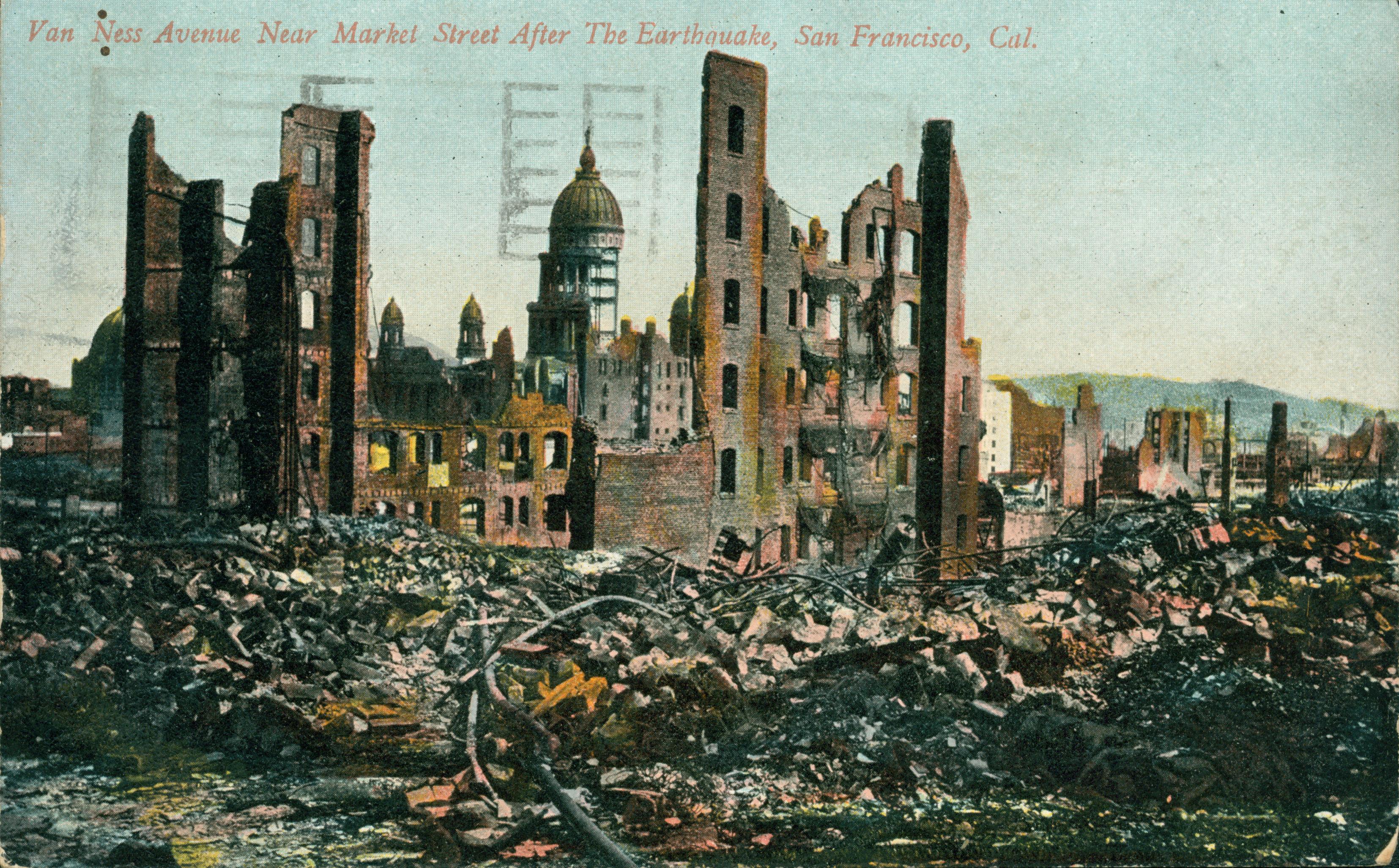 A drawing of rubble and ruined buildings along Van Ness Avenue, San Francisco, California