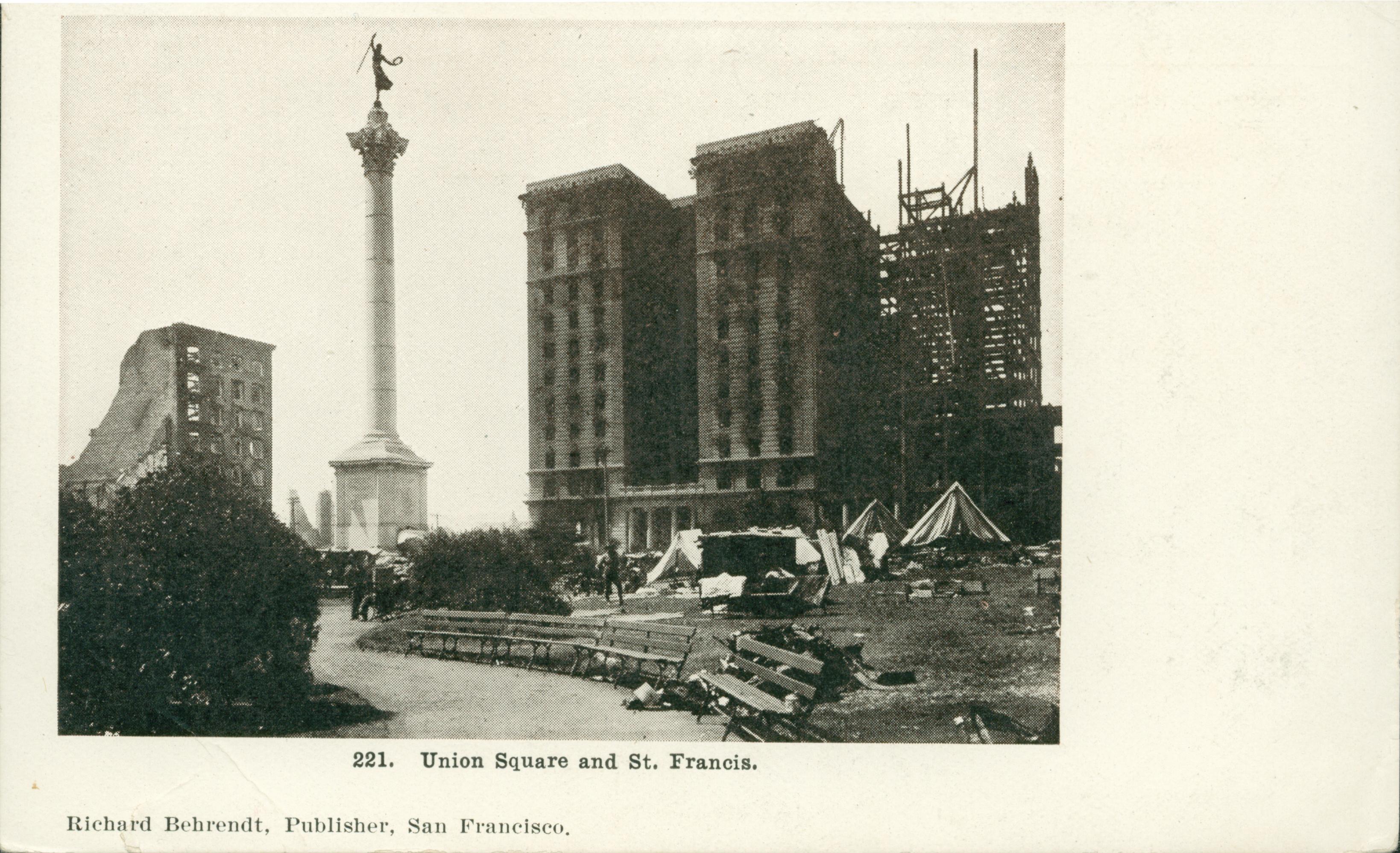 Shows Union Square after most of the rubble had been cleaned up.