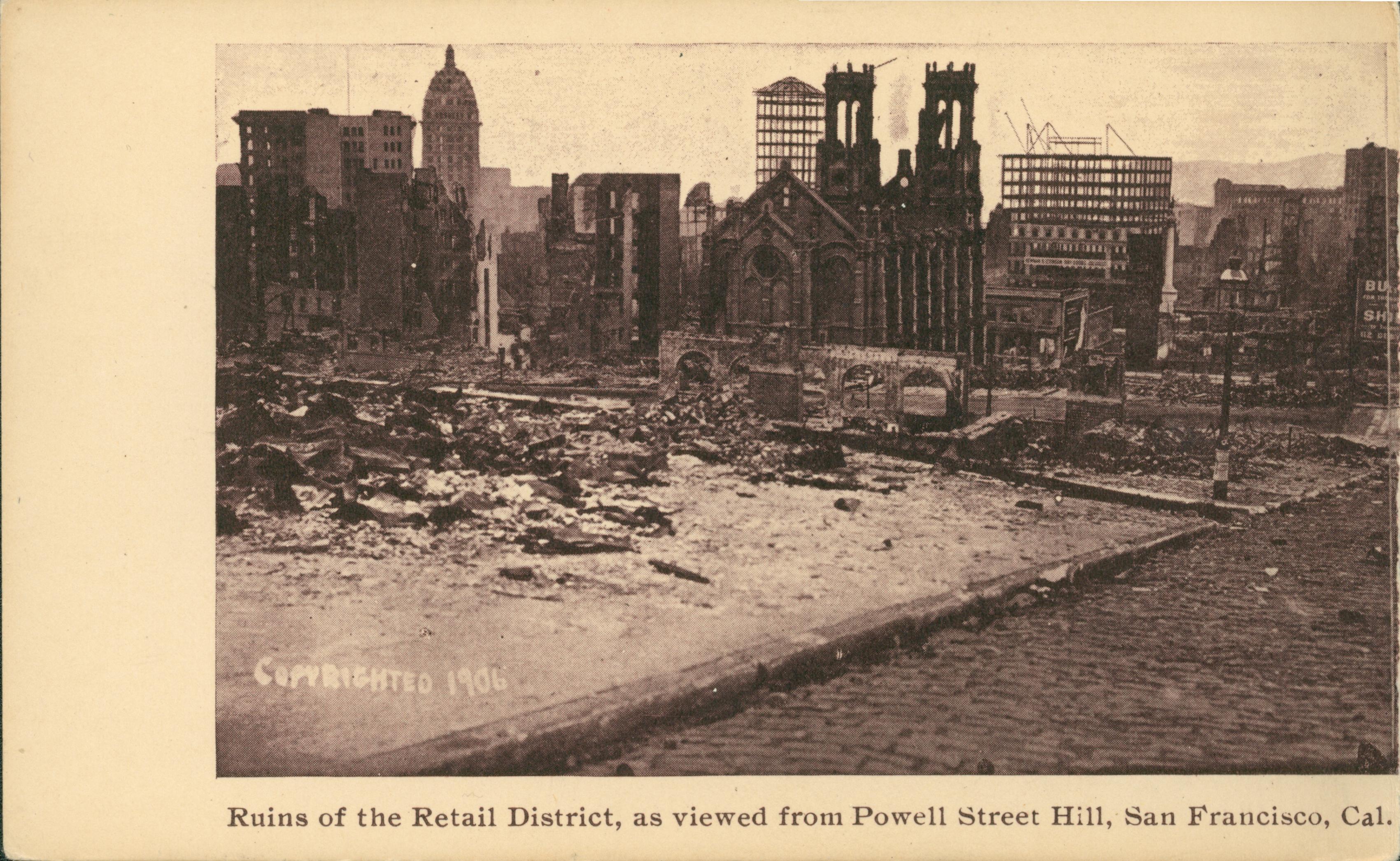 Shows a panoramic view of the destruction in the Retail District, San Francisco, California.