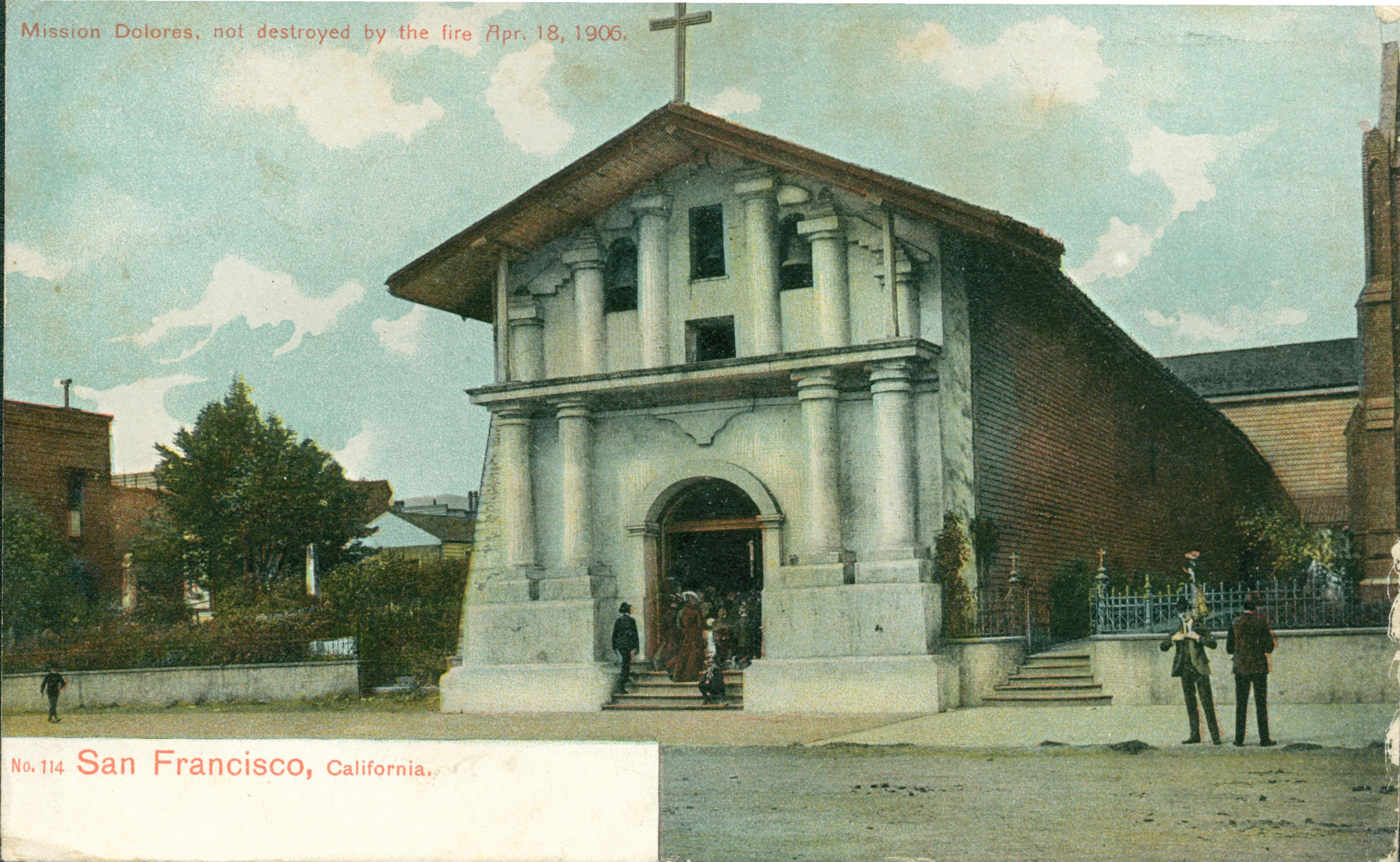 Drawing of the Mission Dolores after the fire April 18, 1906.