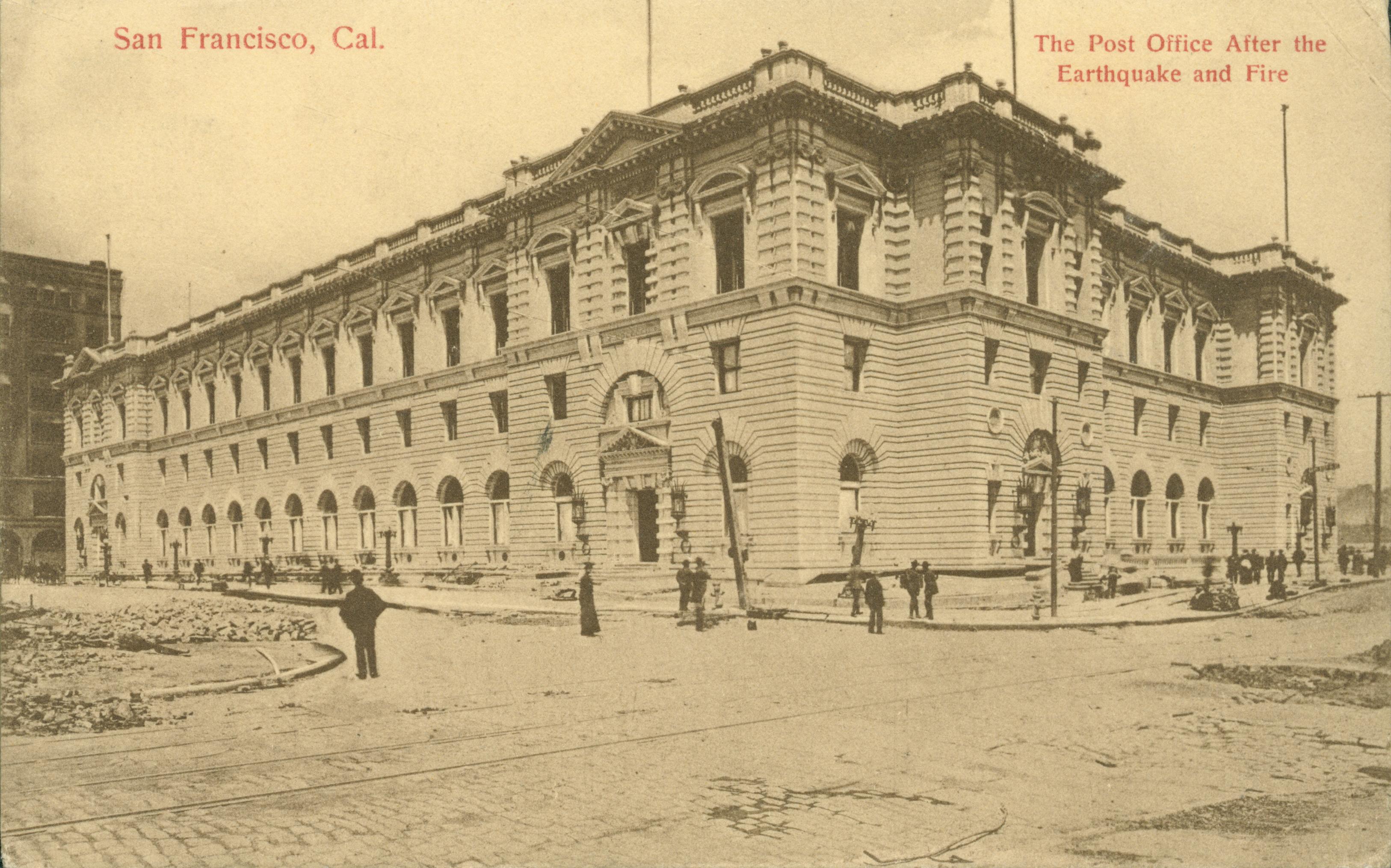 Photo of the Post Office after the earthquake and fire, still standing.
