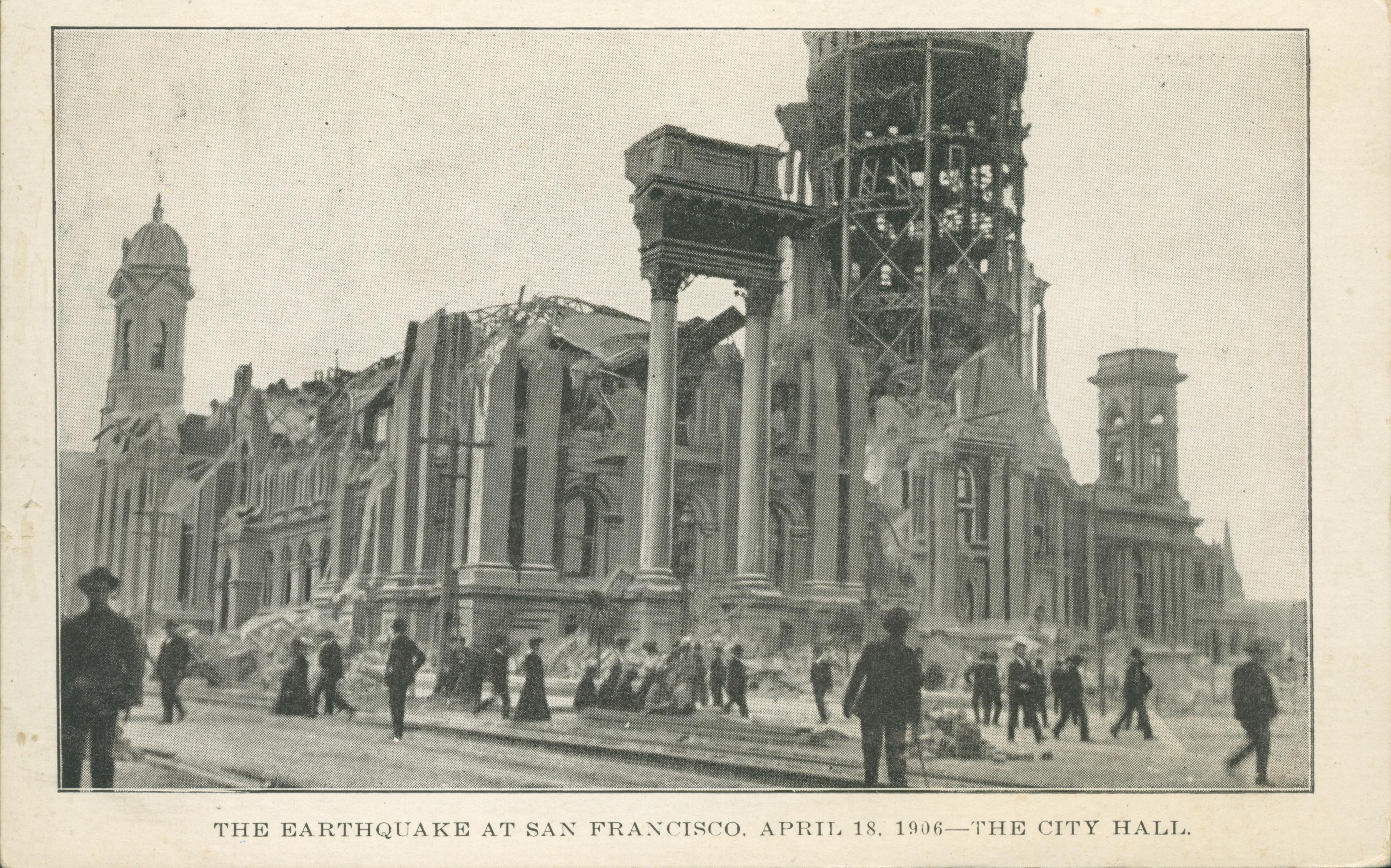Photo of the destruction of City Hall including a collapsed roof.