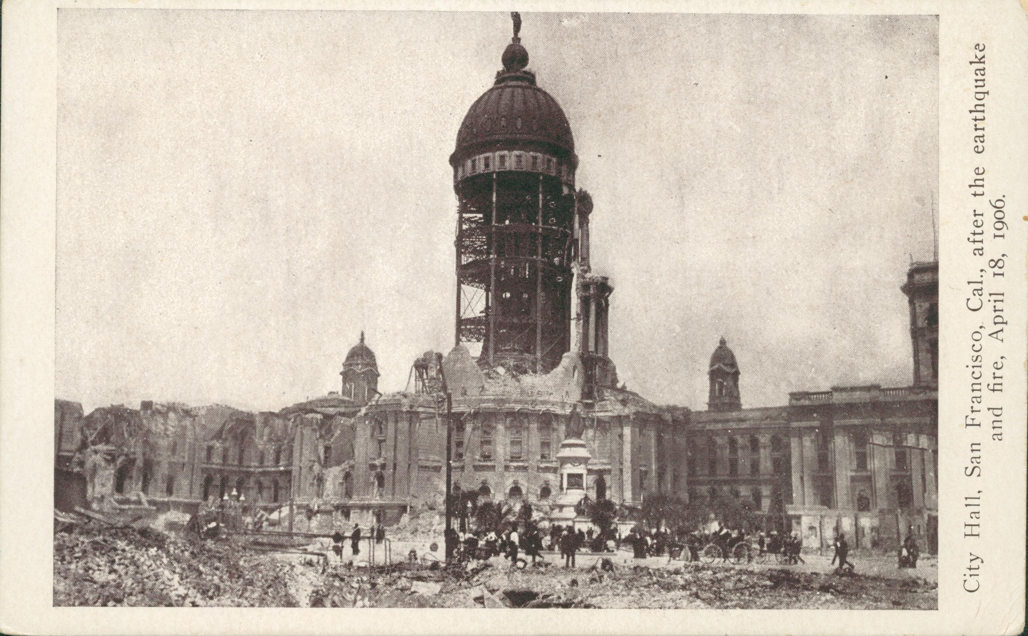 Photo showing the destruction of City Hall surrounded by rubble.