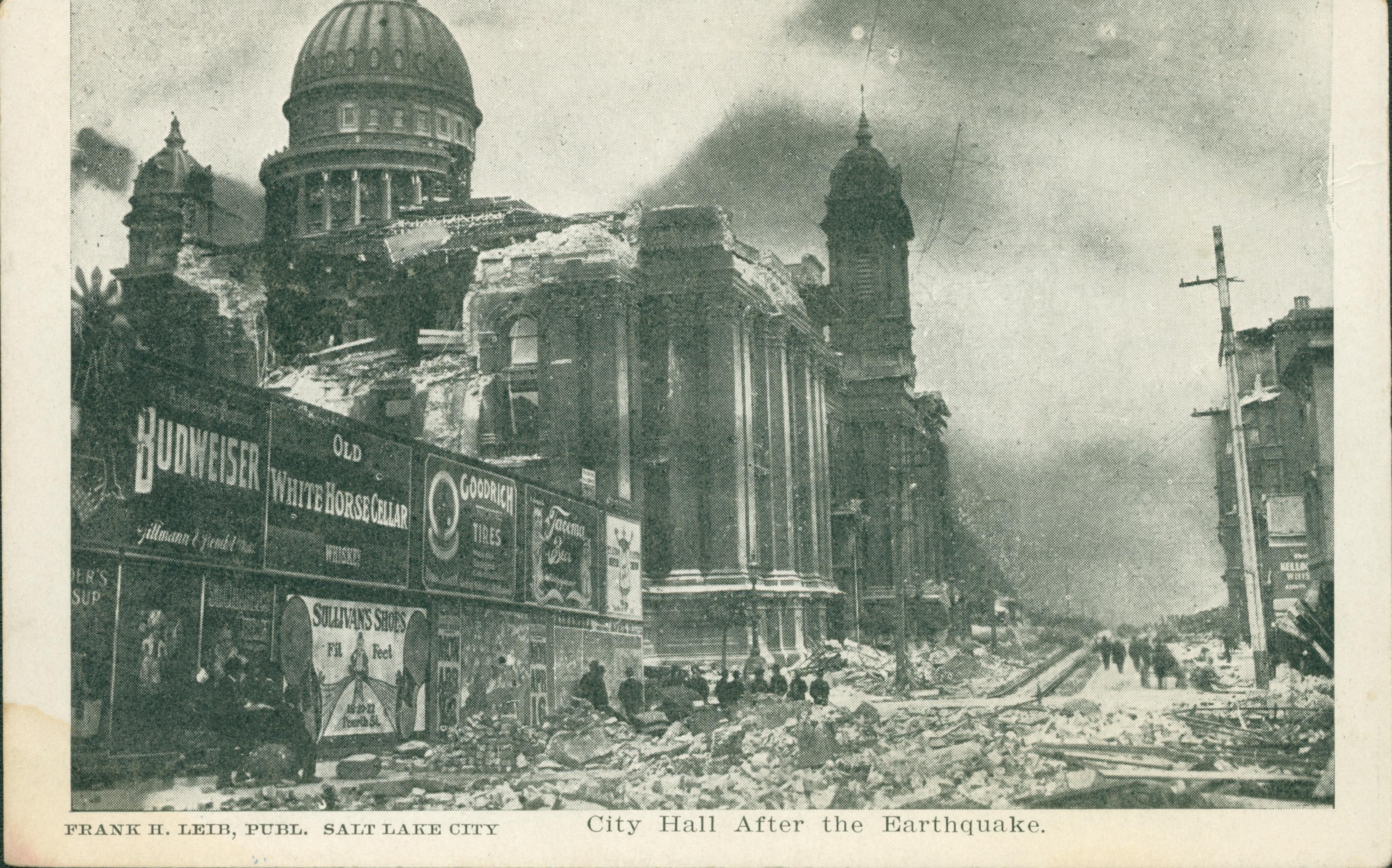 Photo showing the destruction of City Hall, surrounded by rubble.